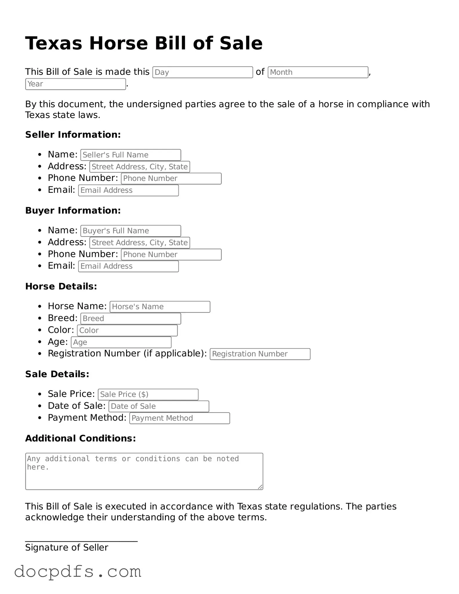 Free Texas Horse Bill of Sale Form