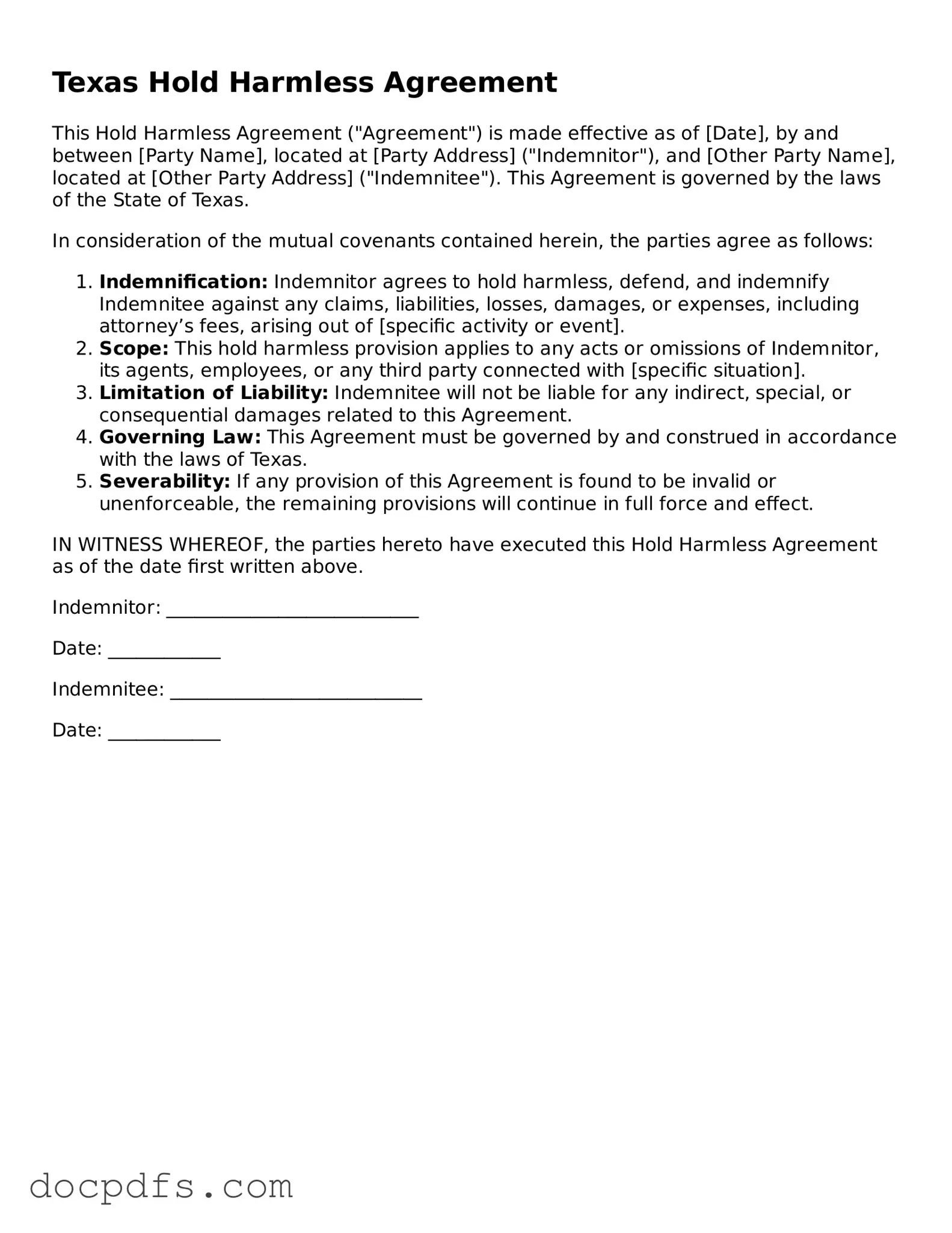 Free Texas Hold Harmless Agreement Form
