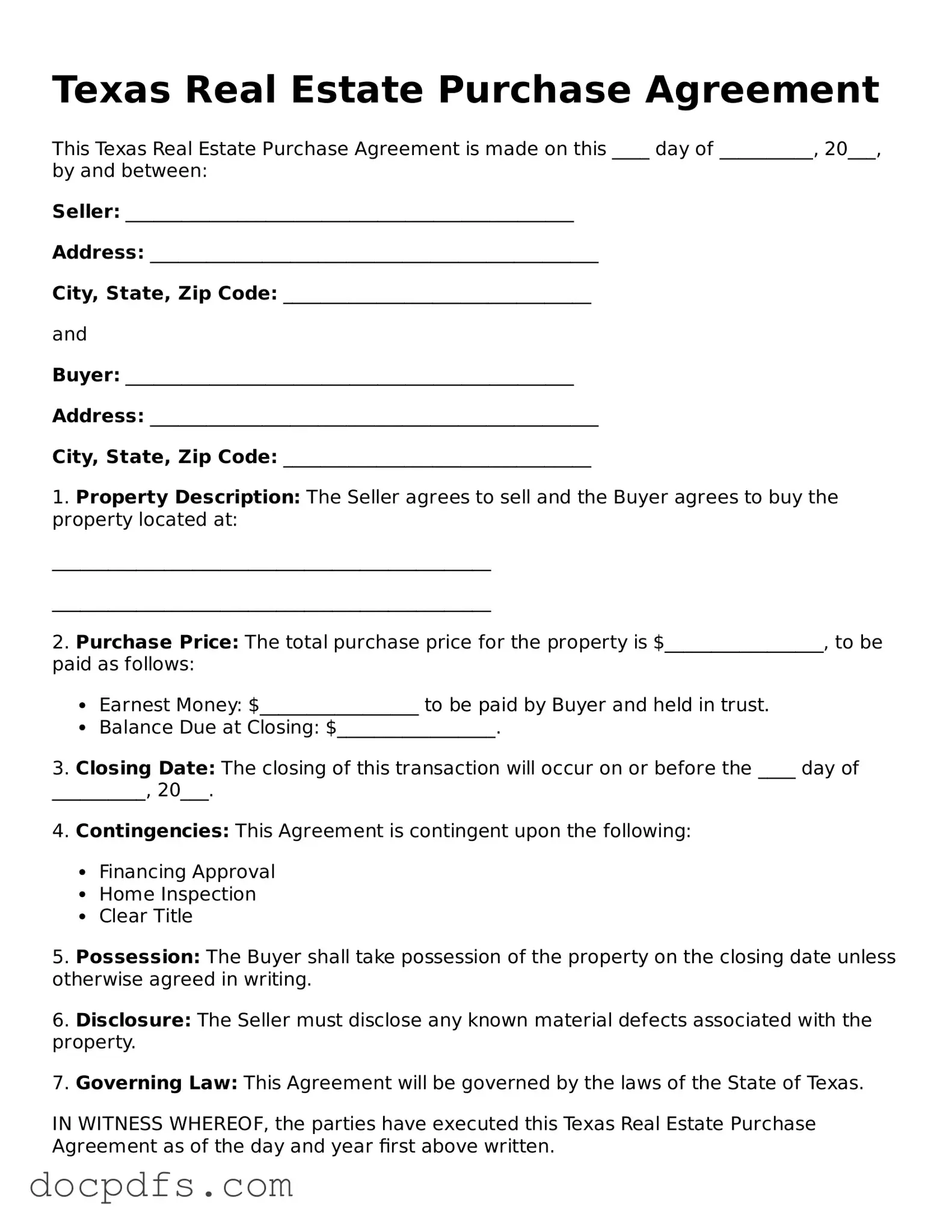 Free Texas Real Estate Purchase Agreement Form