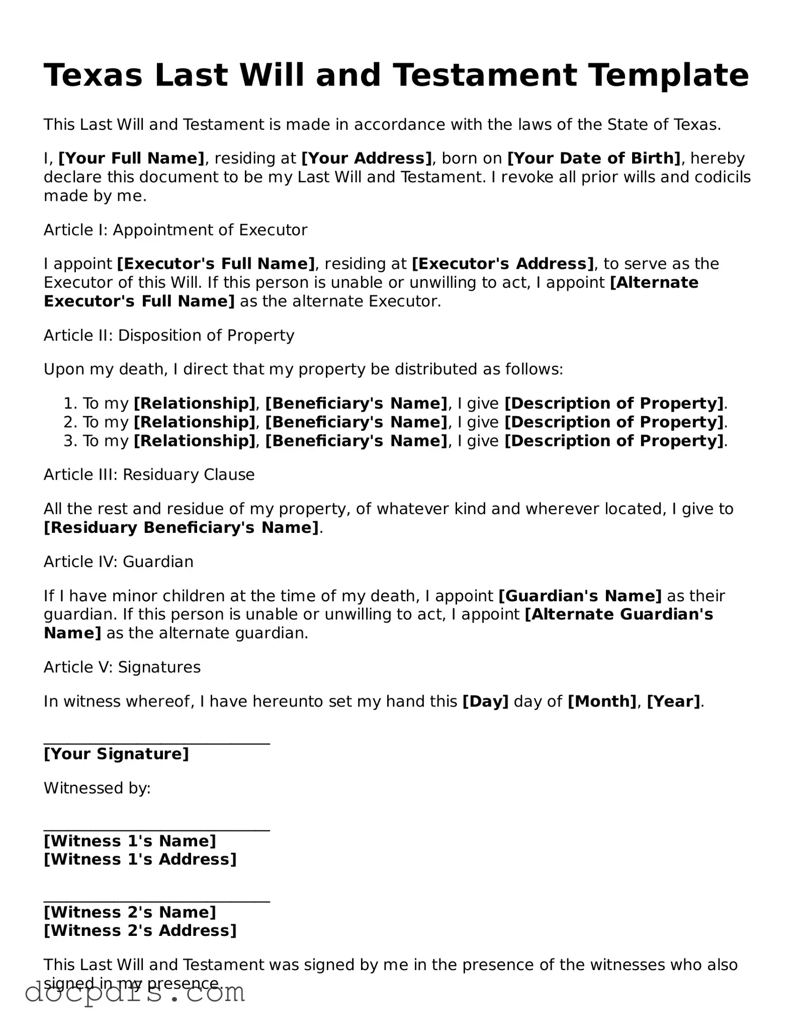 Free Texas Last Will and Testament Form