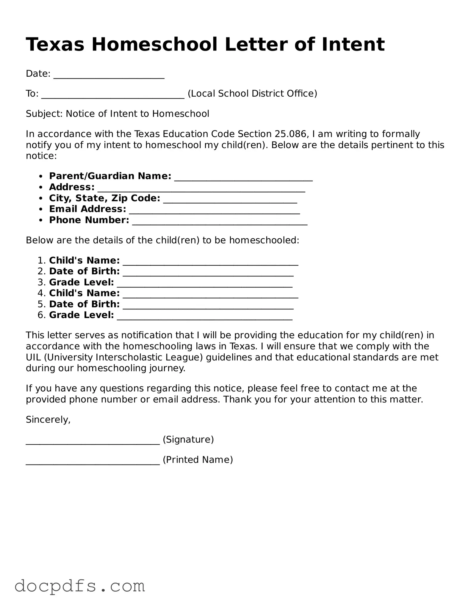 Free Texas Homeschool Letter of Intent Form