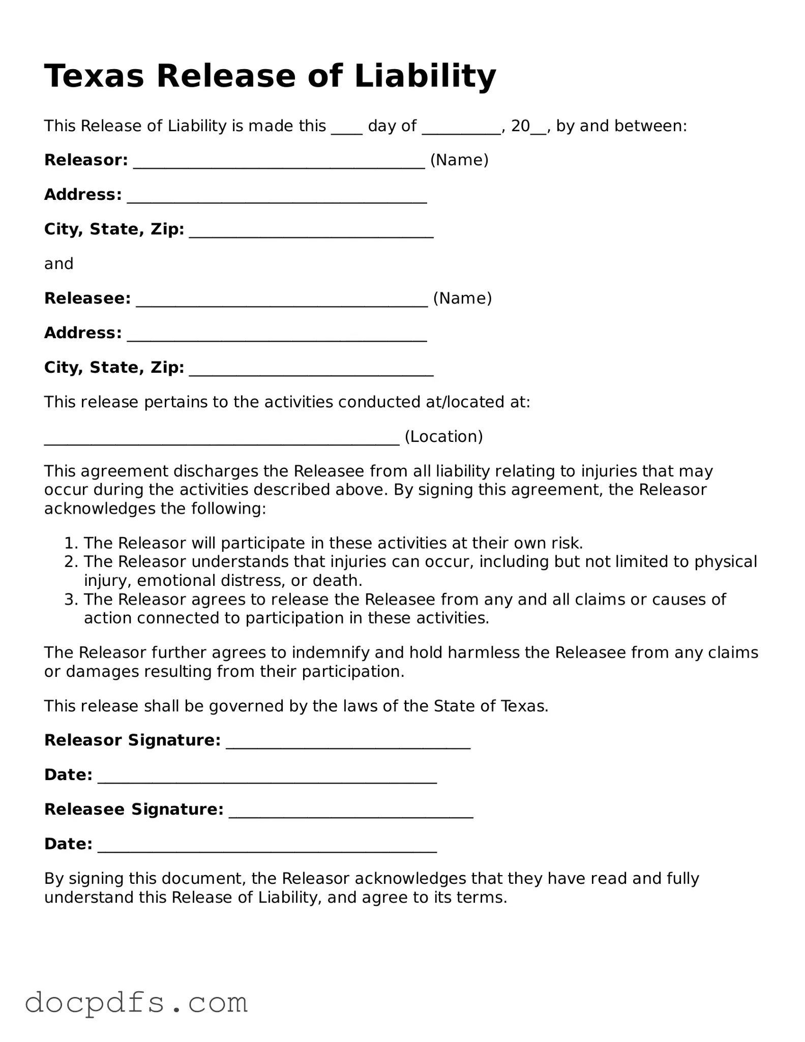 Free Texas Release of Liability Form