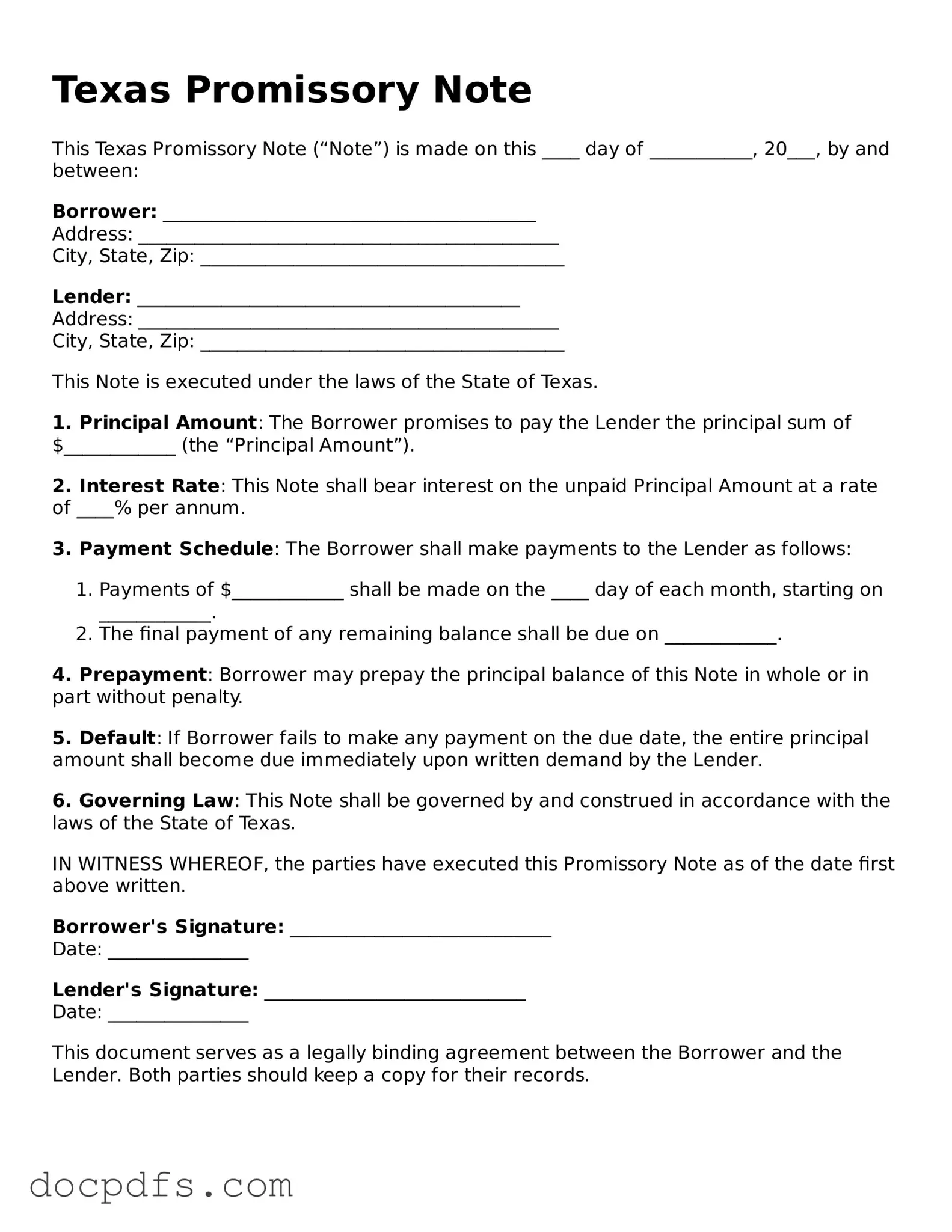 Free Texas Promissory Note Form
