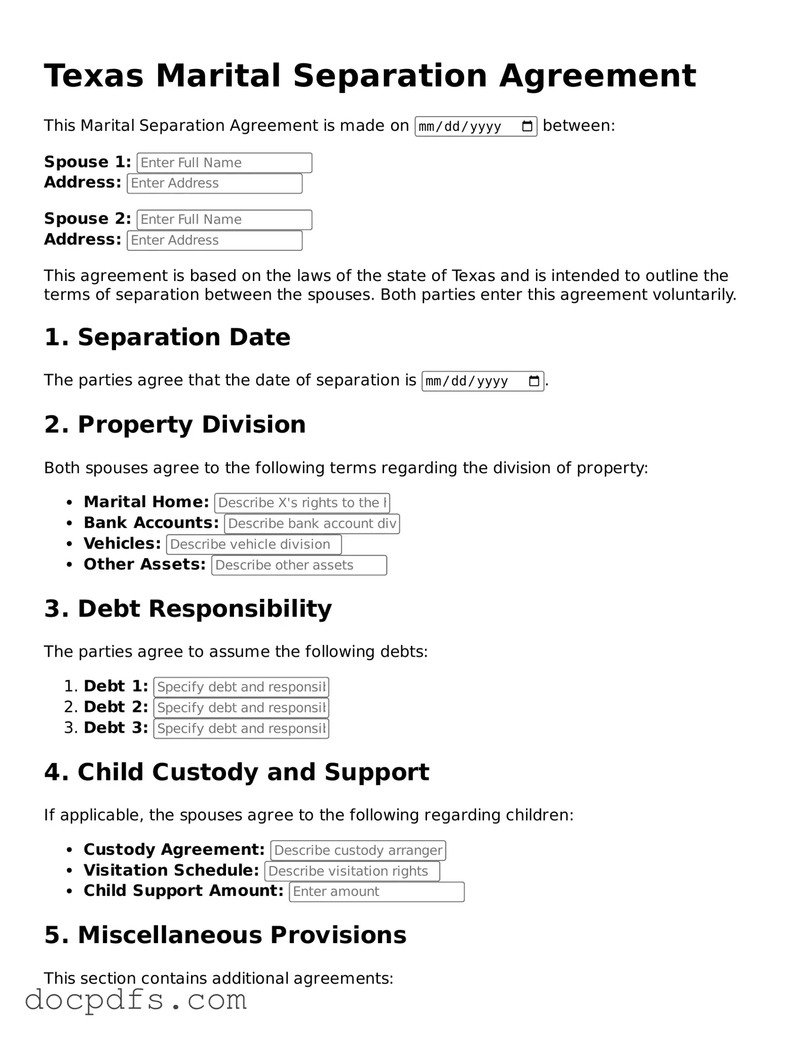 Free Texas Marital Separation Agreement Form