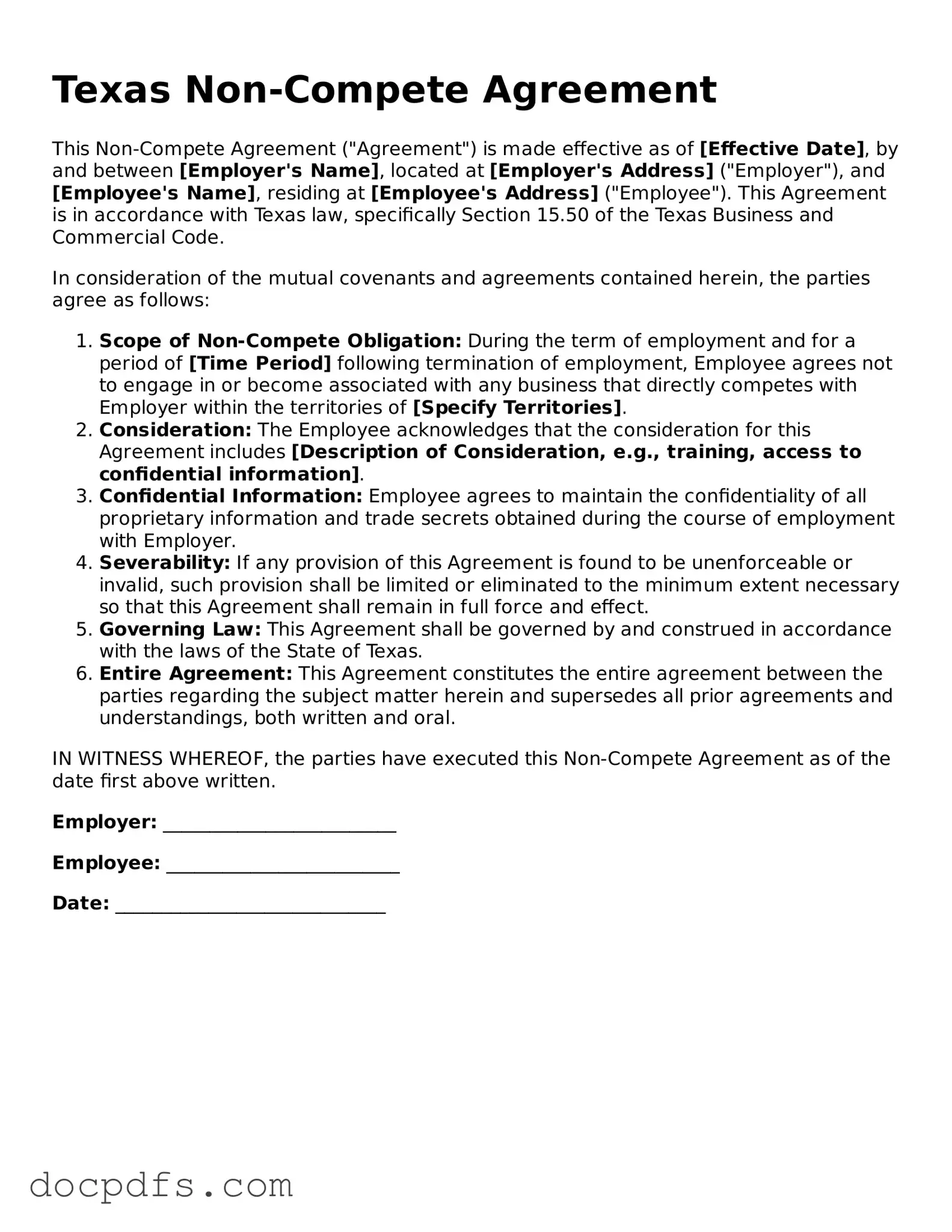 Free Texas Non-compete Agreement Form