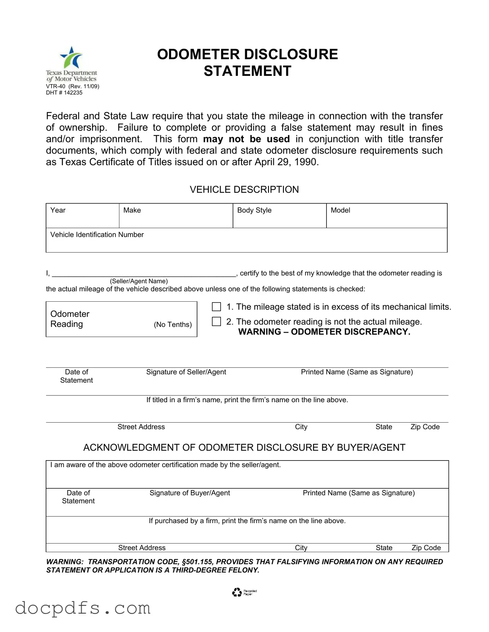 Texas Odometer Statement Template in PDF