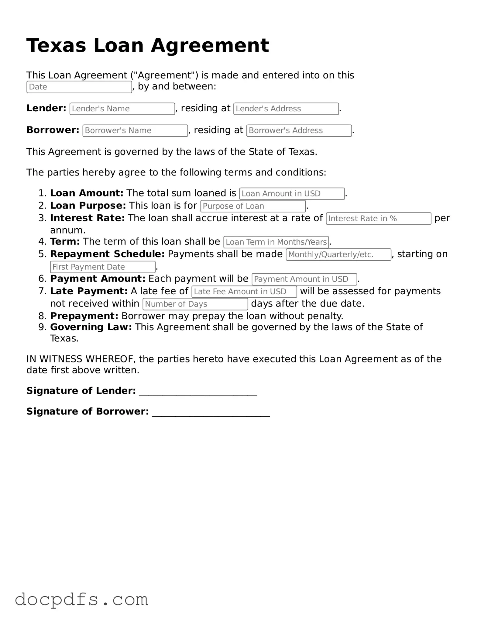 Free Texas Loan Agreement Form