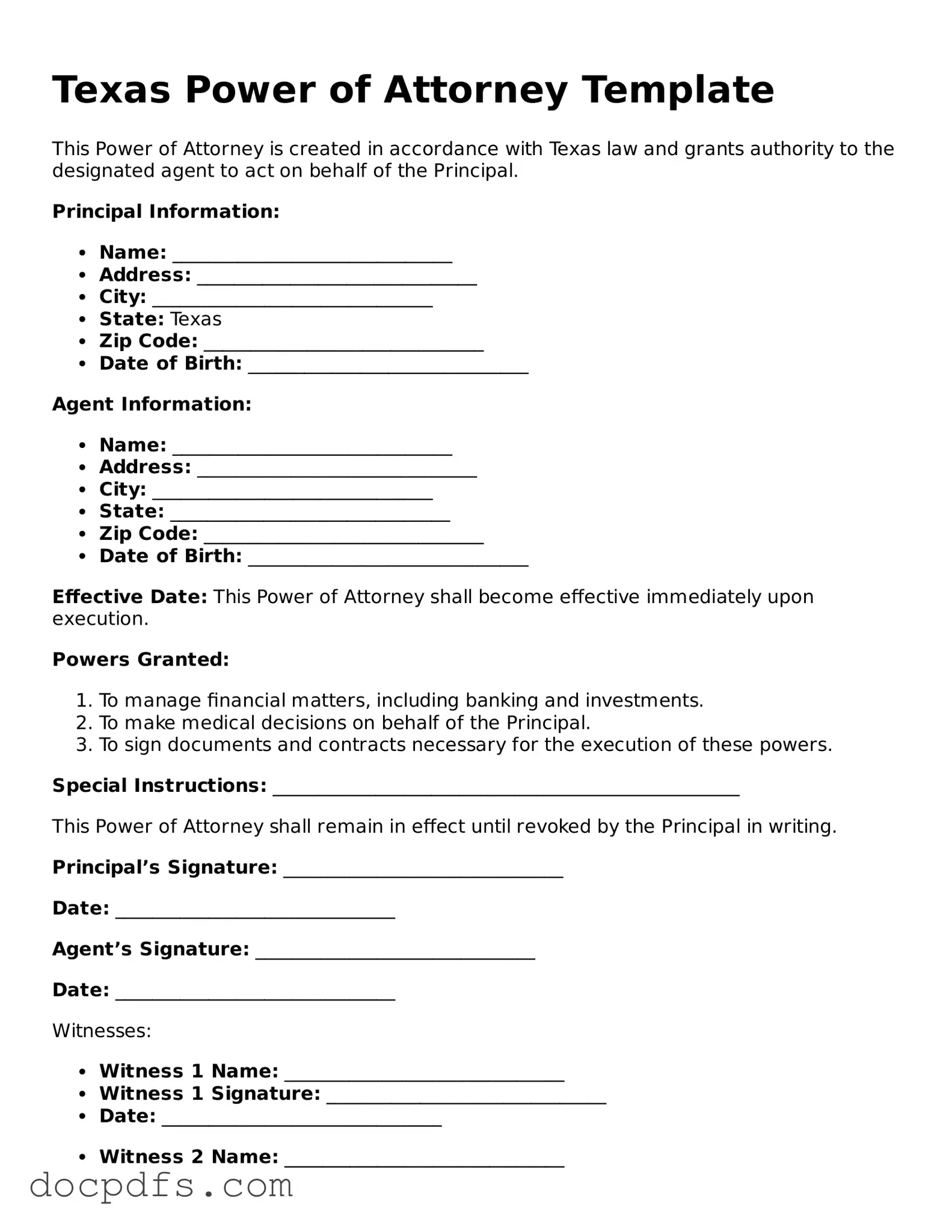 Free Texas Power of Attorney Form