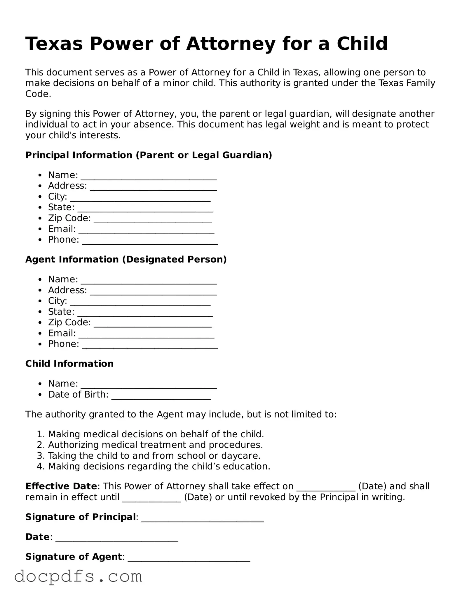 Free Texas Power of Attorney for a Child Form