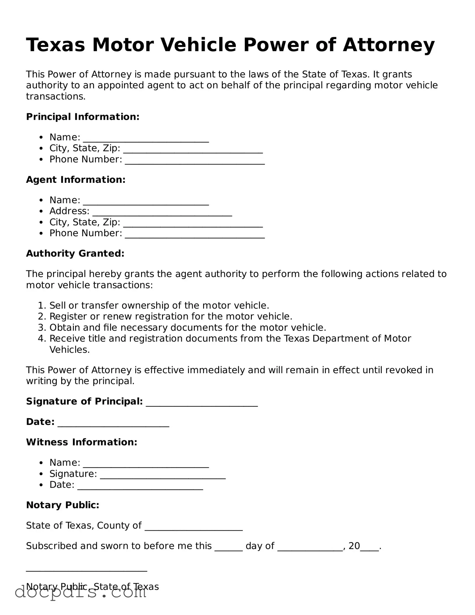 Free Texas Motor Vehicle Power of Attorney Form