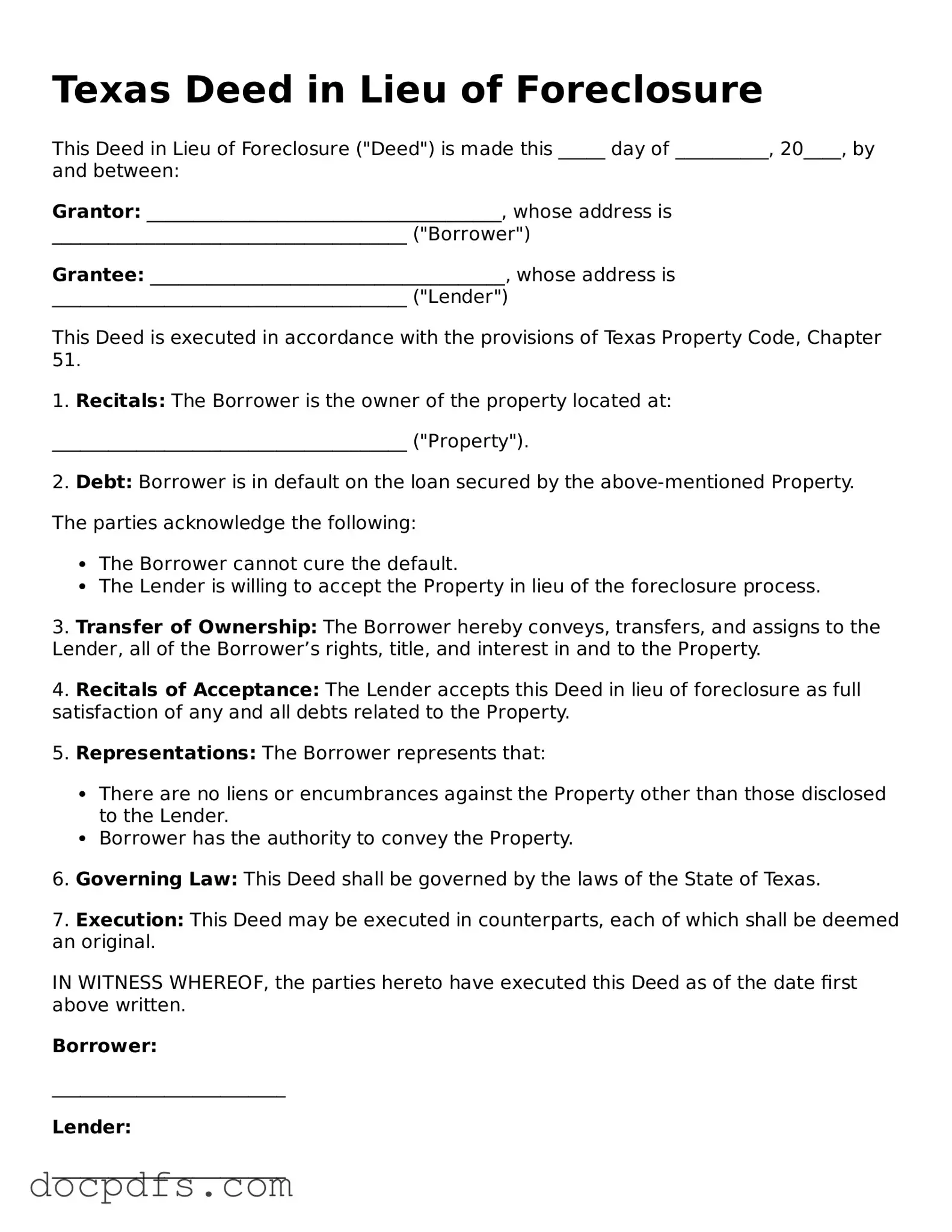Free Texas Deed in Lieu of Foreclosure Form