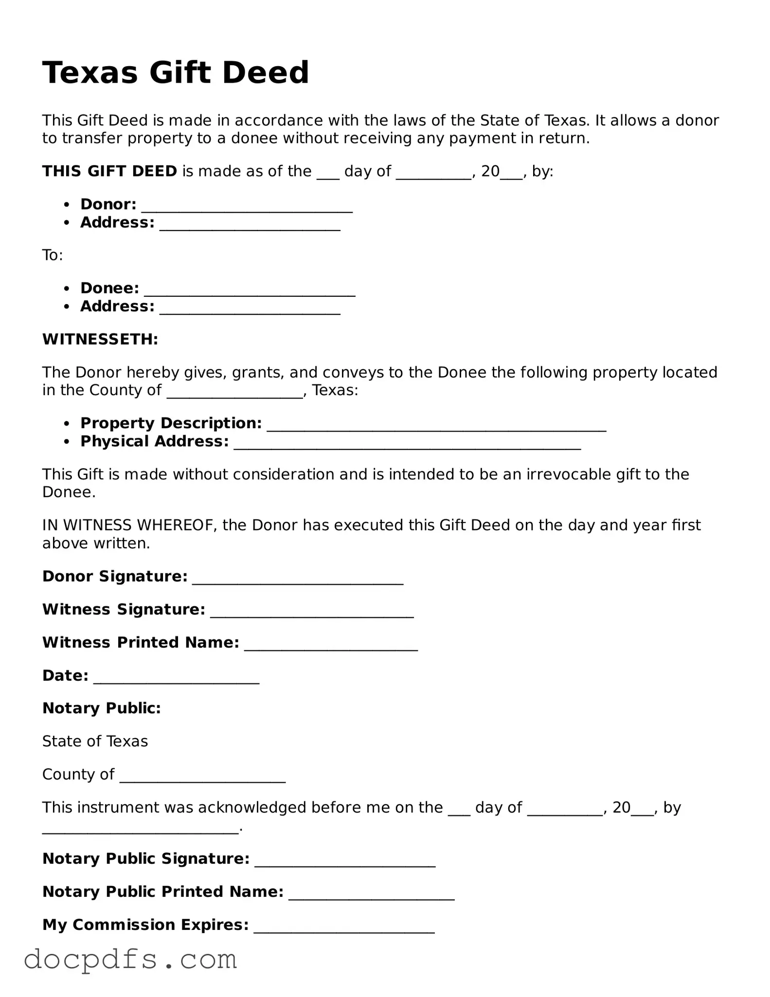 Free Texas Gift Deed Form