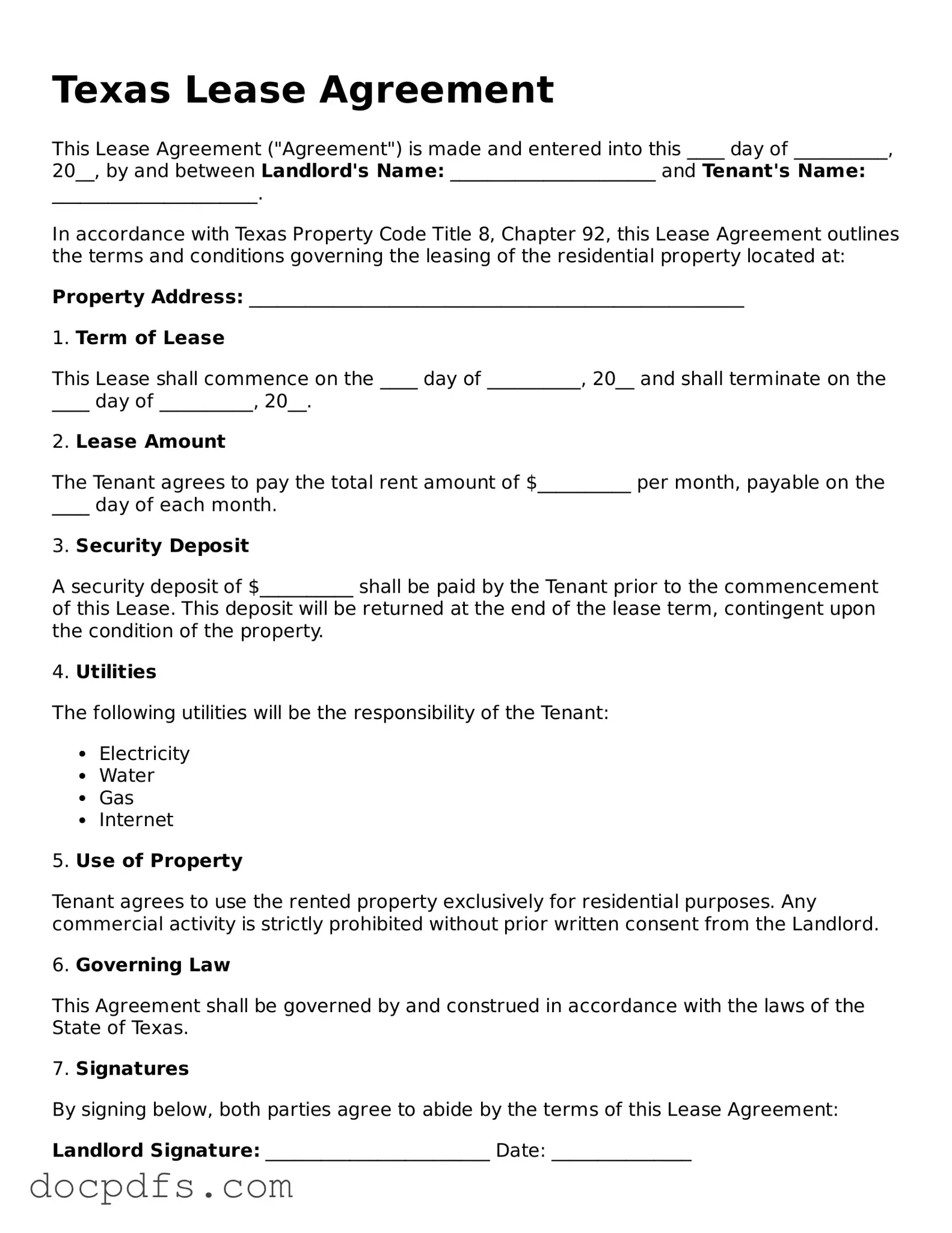 Free Texas Lease Agreement Form
