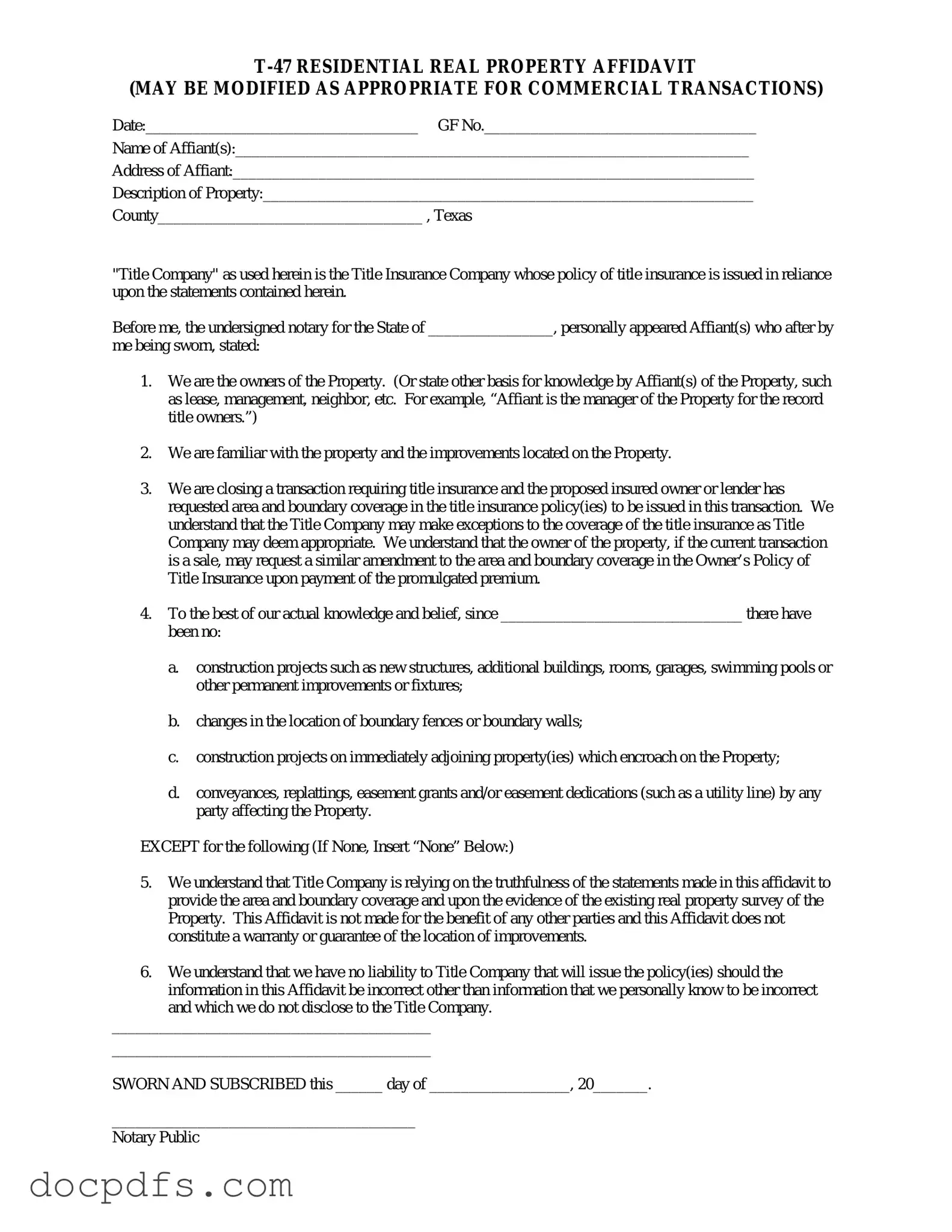 Texas residential property affidavit T-47 Template in PDF