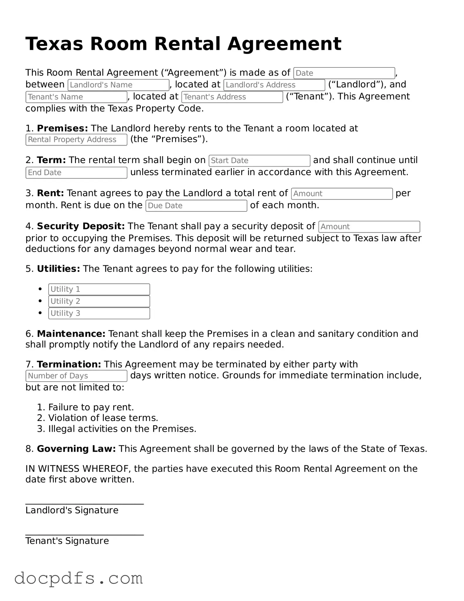 Free Texas Room Rental Agreement Form