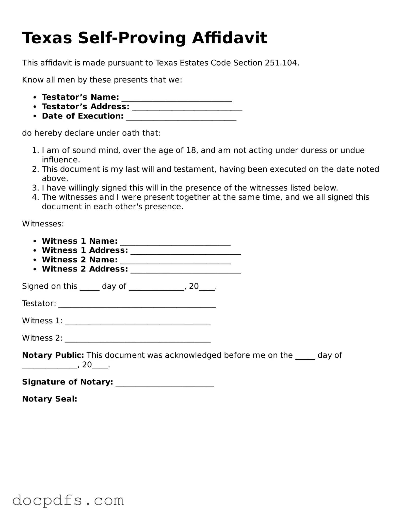Free Texas Self-Proving Affidavit Form