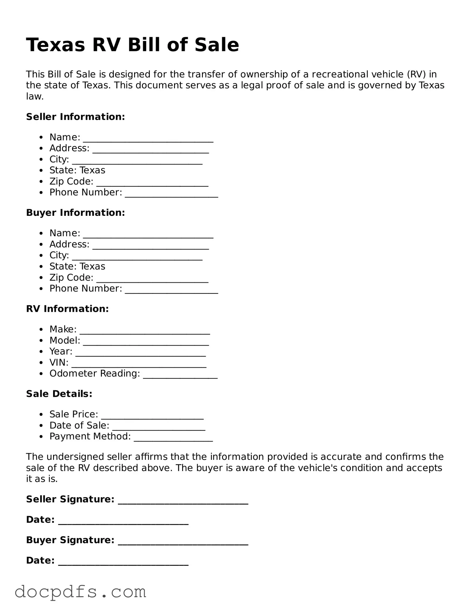 Free Texas RV Bill of Sale Form