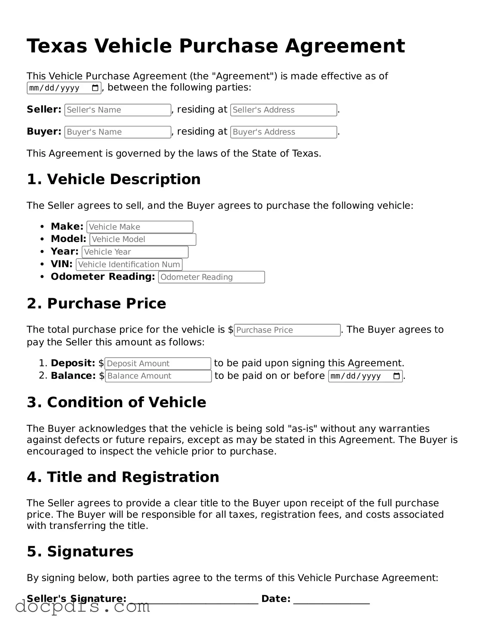 Free Texas Vehicle Purchase Agreement Form