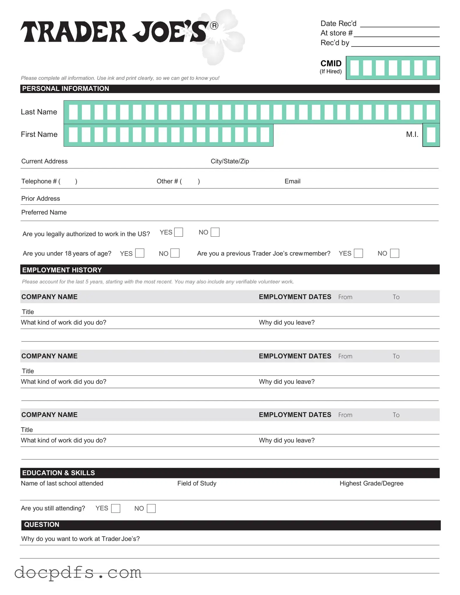 Trader Joe's application Template in PDF