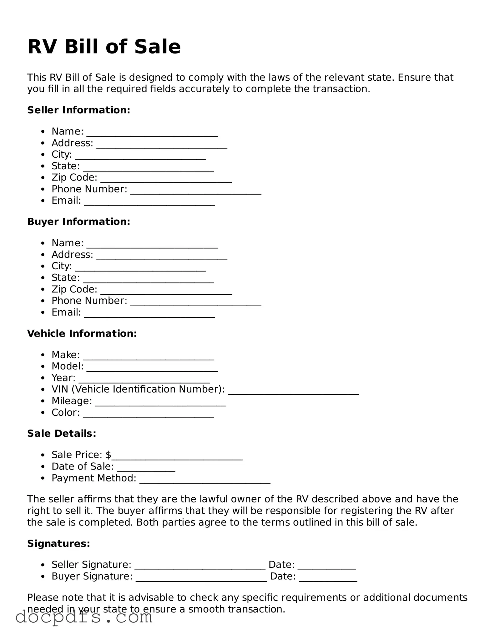 Legal RV Bill of Sale Document