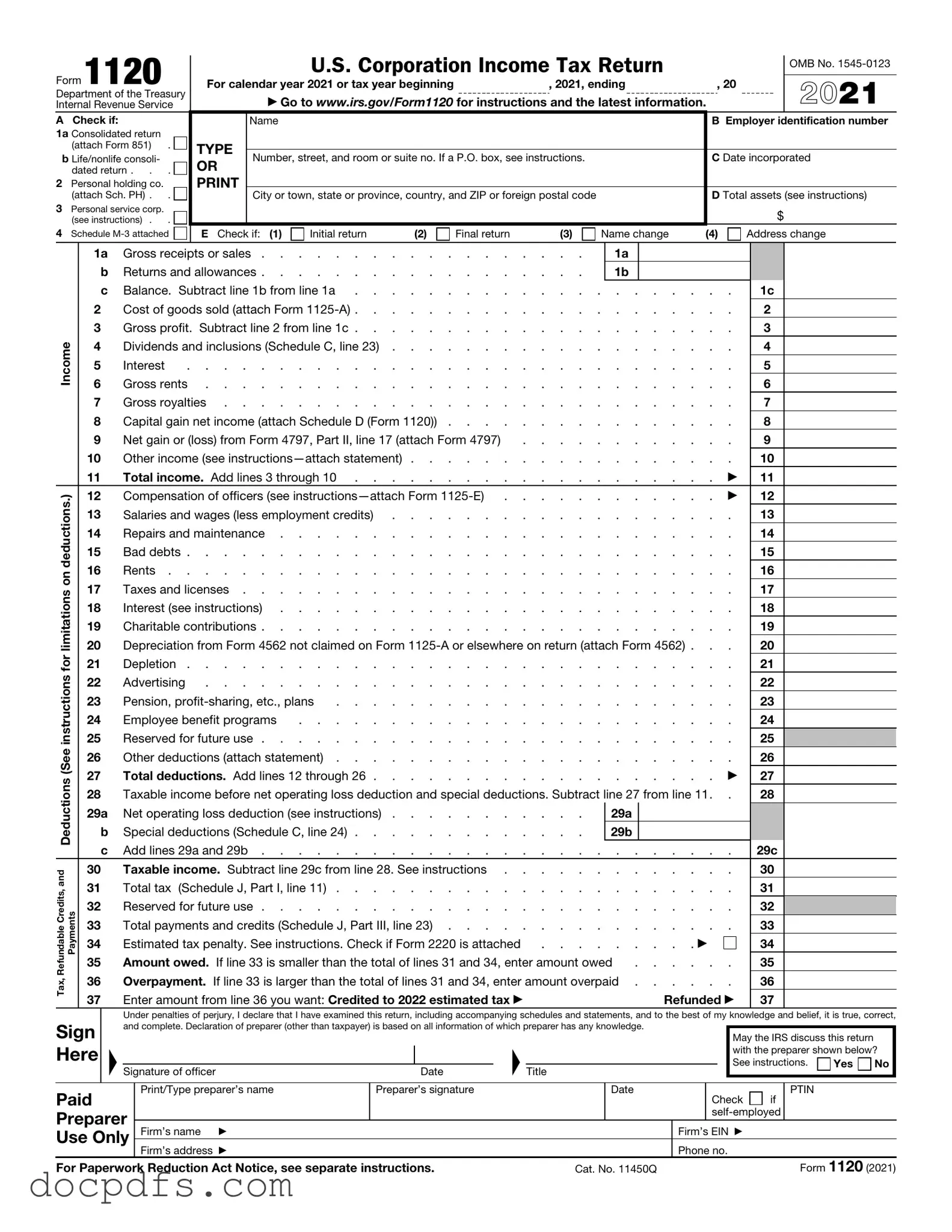 IRS 1120 Template in PDF