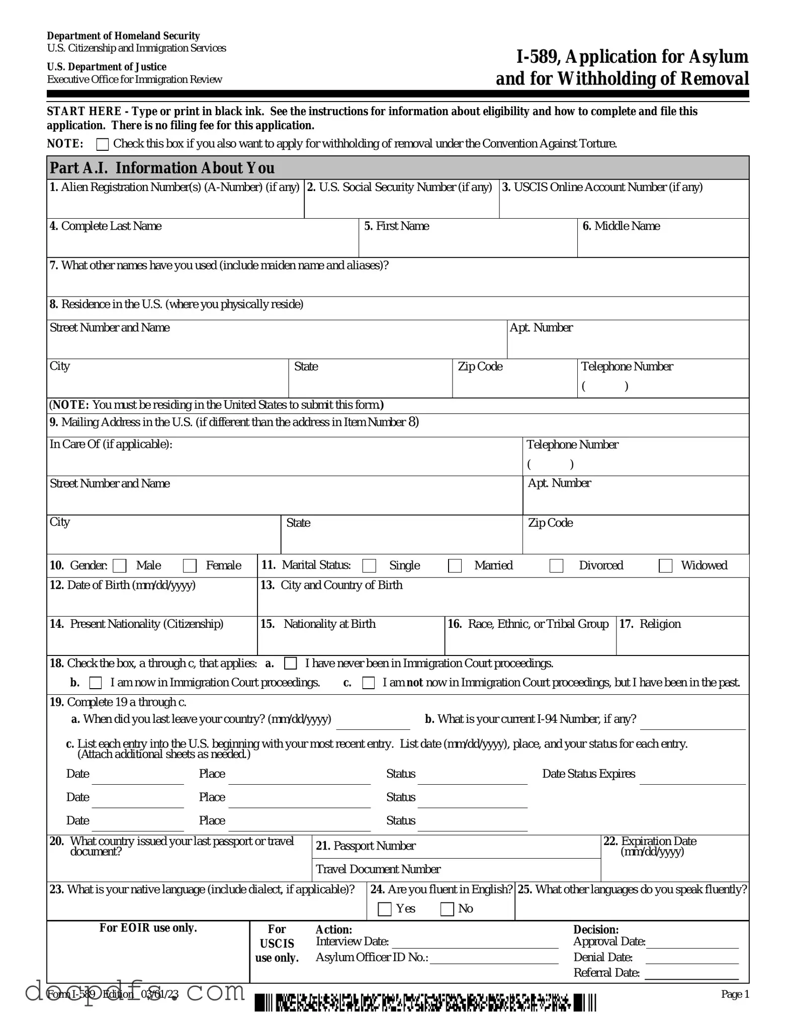 USCIS I-589 Template in PDF