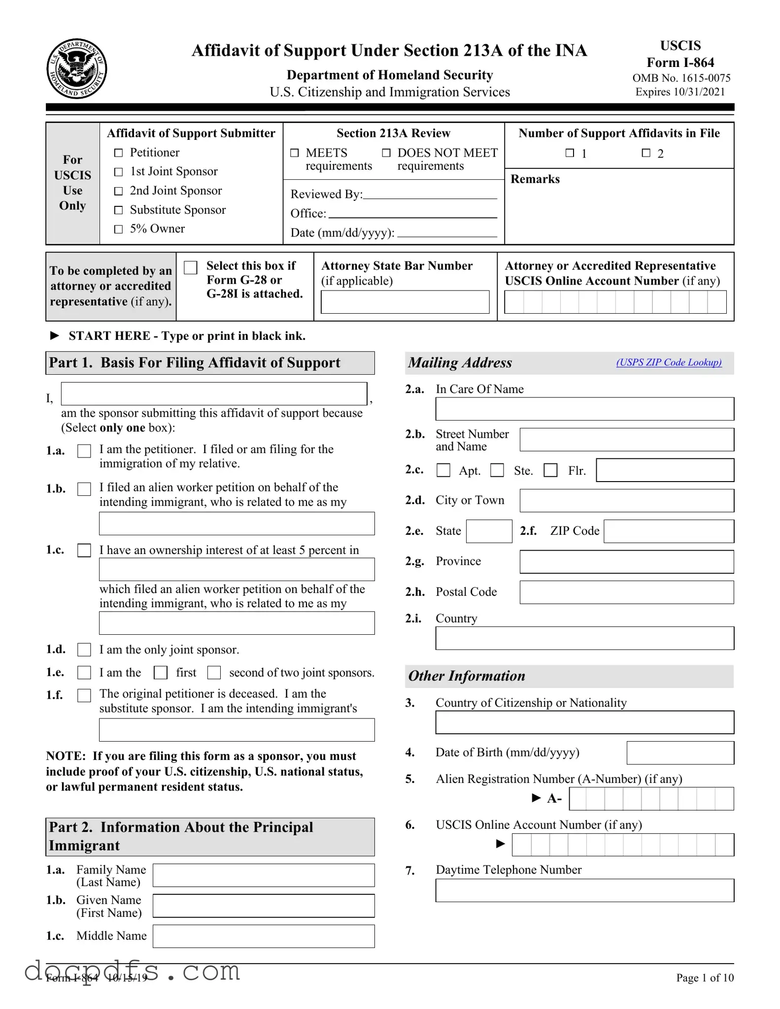 USCIS I-864 Template in PDF