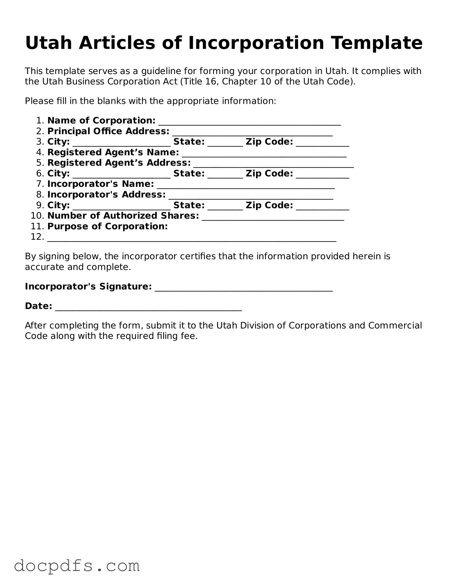 Free Utah Articles of Incorporation Form
