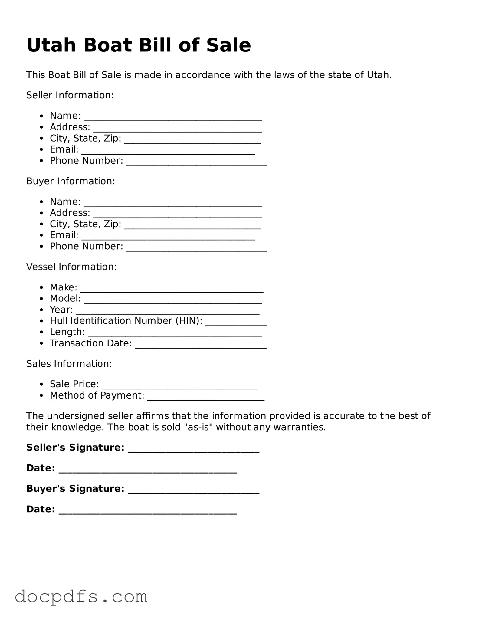 Free Utah Boat Bill of Sale Form