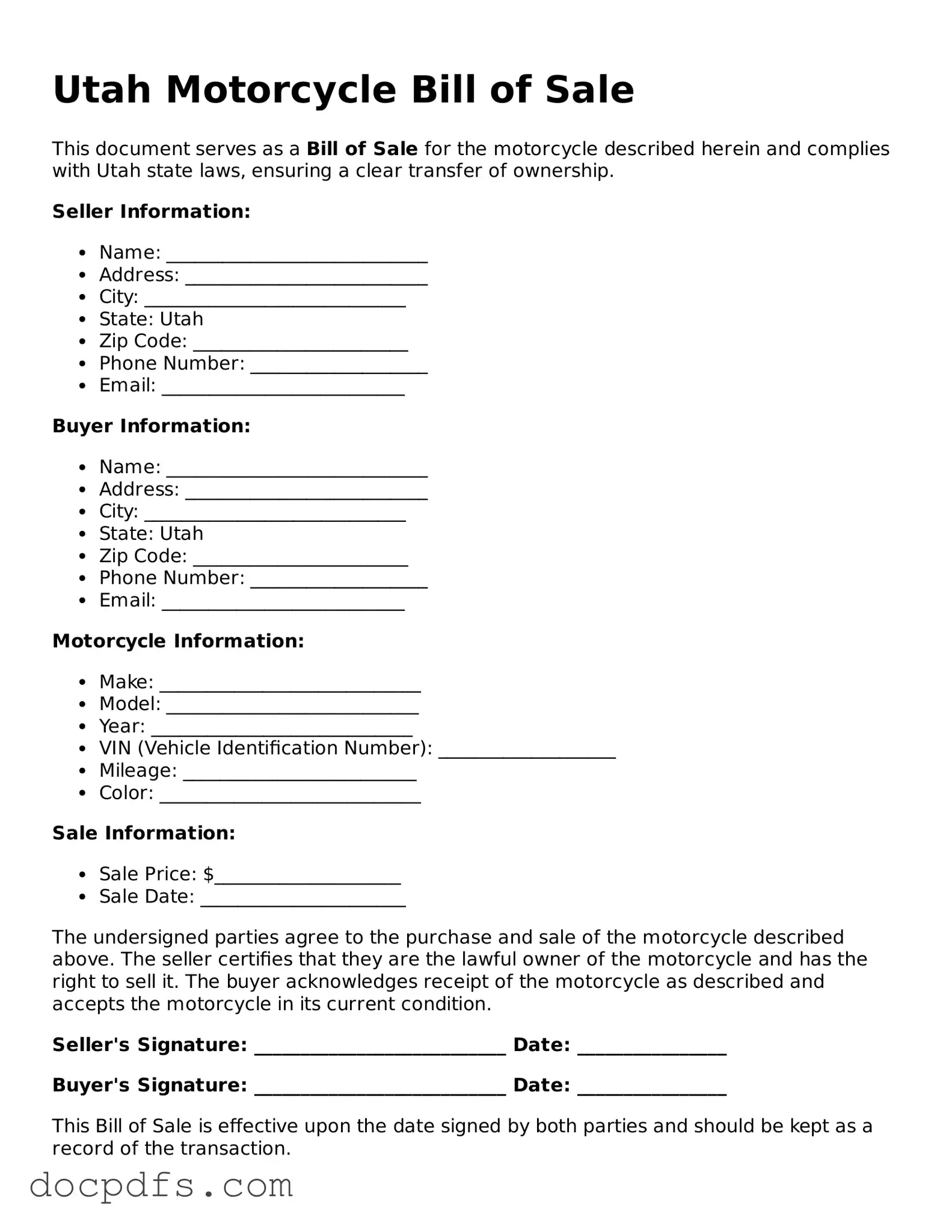 Free Utah Motorcycle Bill of Sale Form