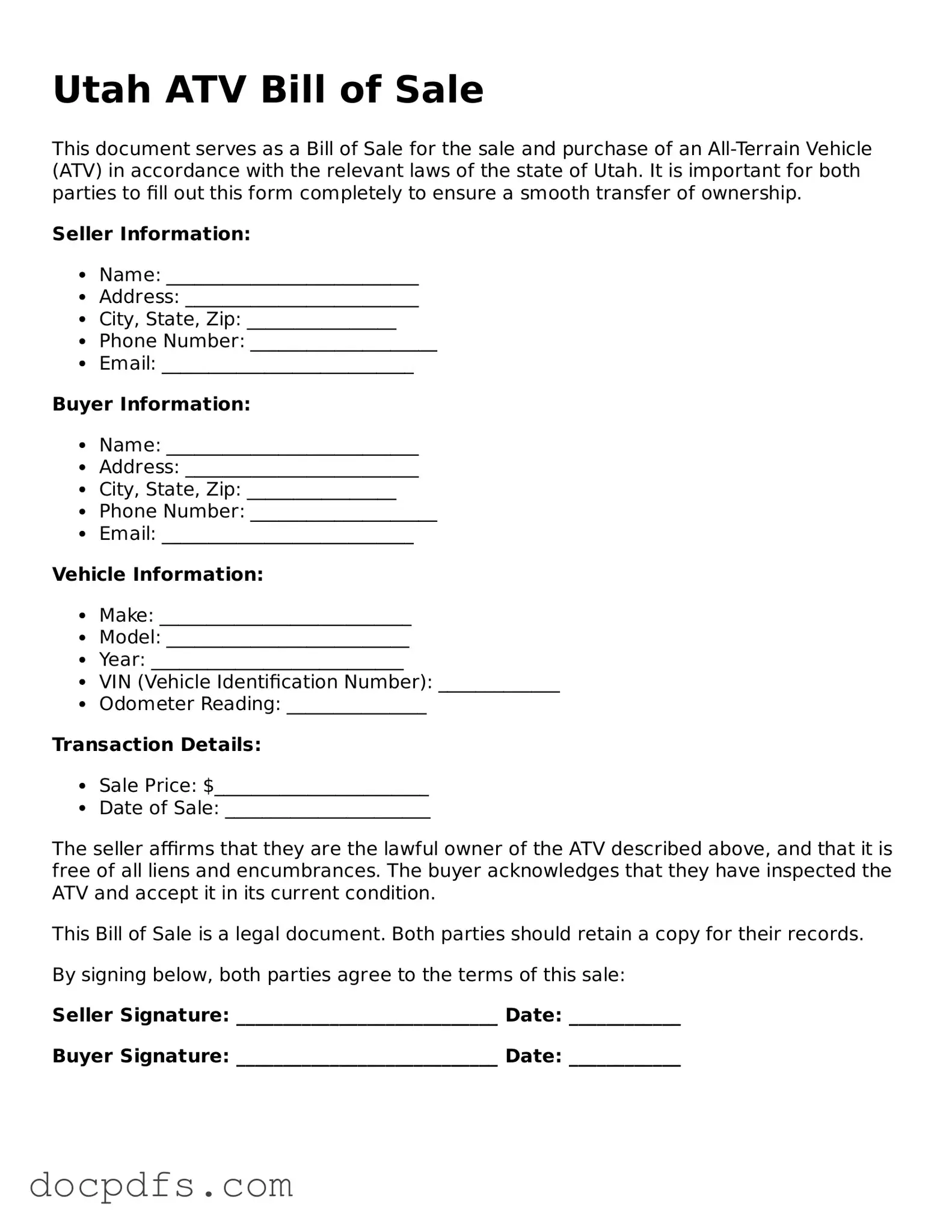 Free Utah ATV Bill of Sale Form