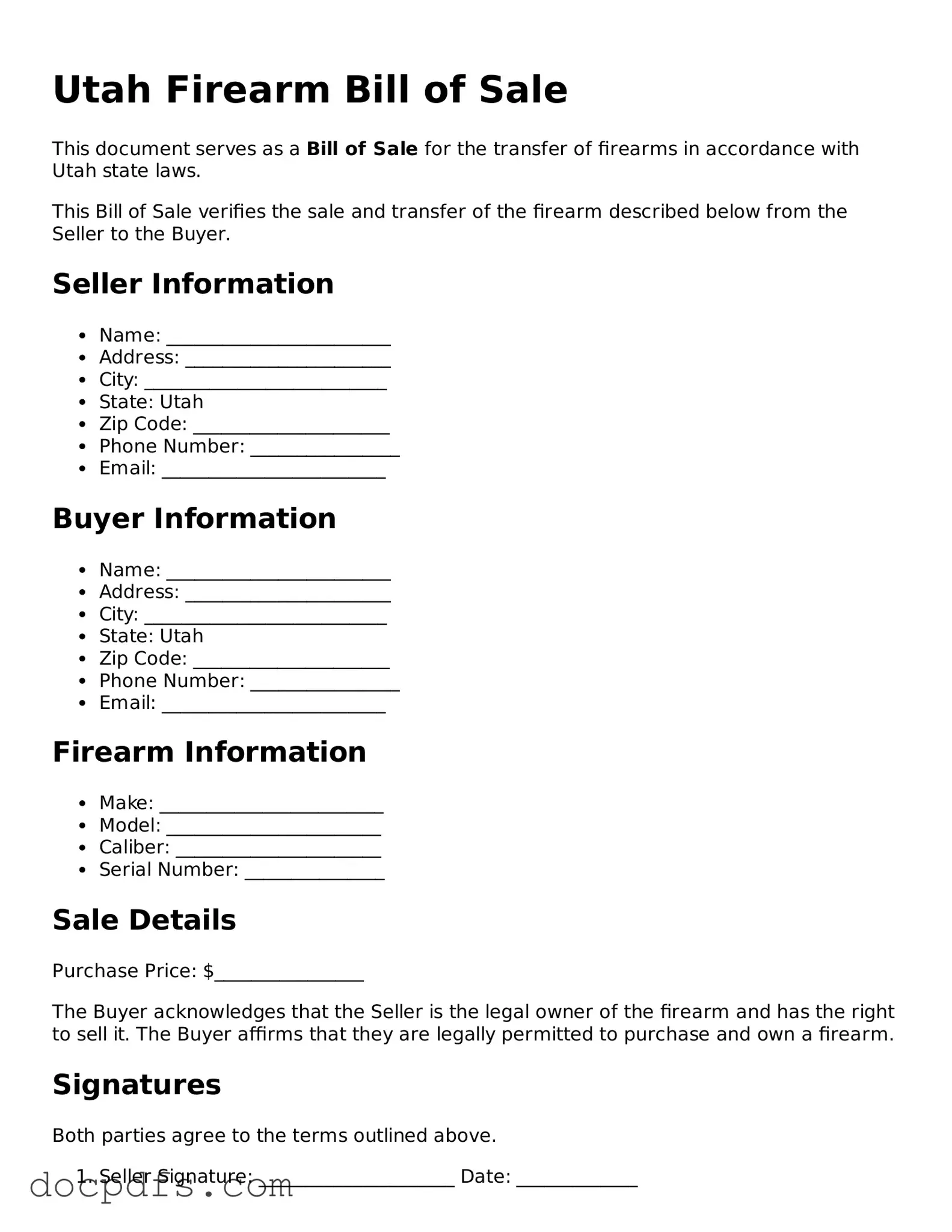 Free Utah Firearm Bill of Sale Form