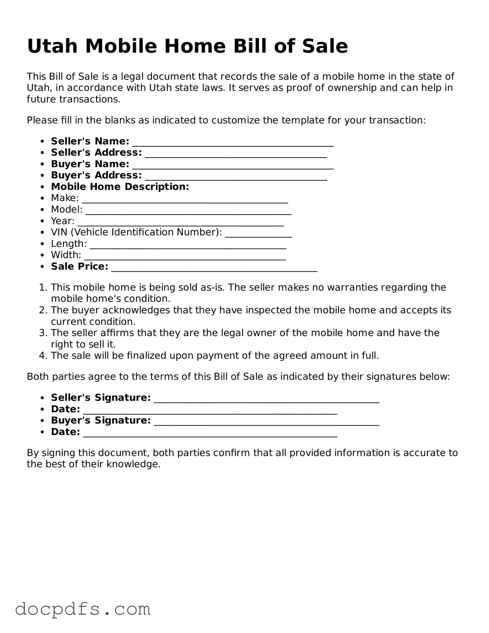 Free Utah Mobile Home Bill of Sale Form