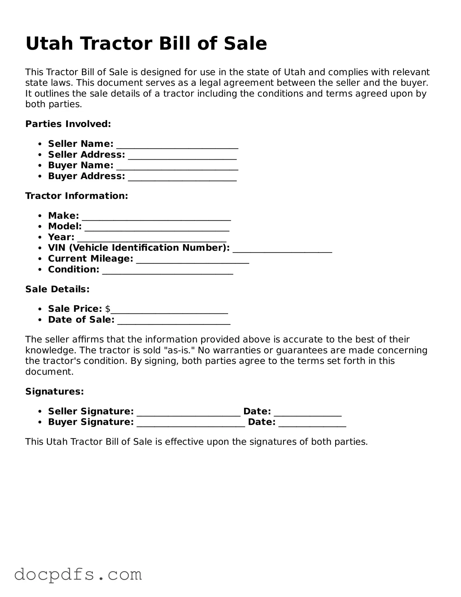 Free Utah Tractor Bill of Sale Form