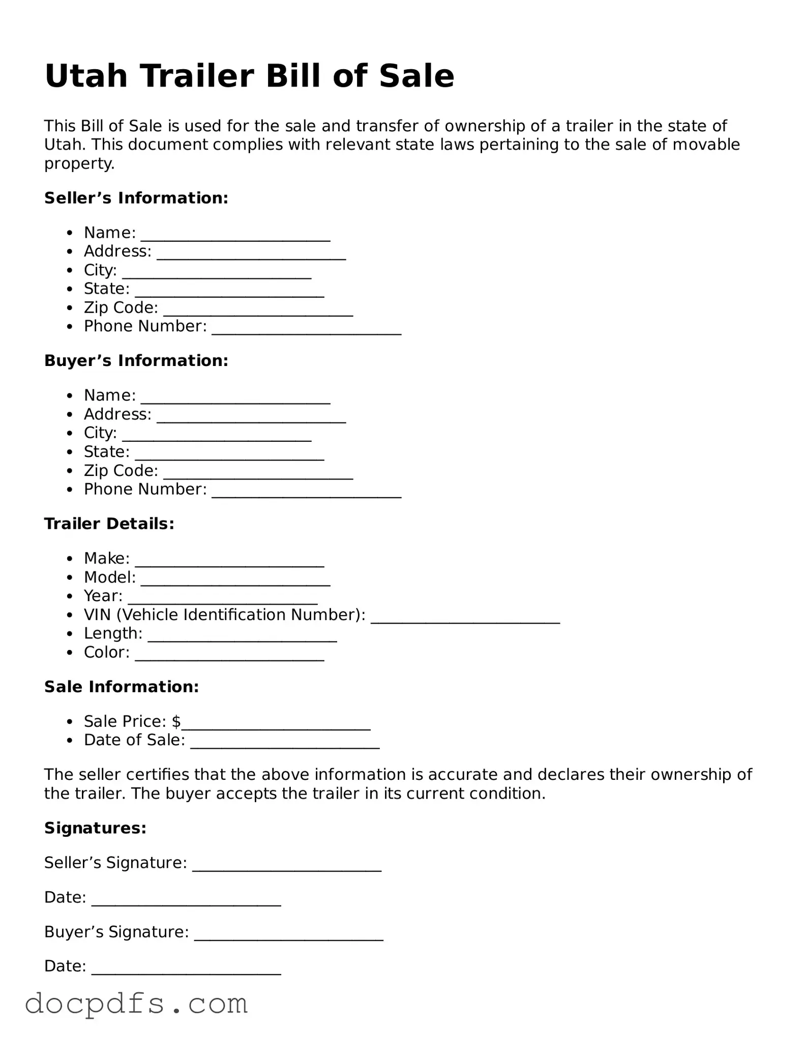 Free Utah Trailer Bill of Sale Form