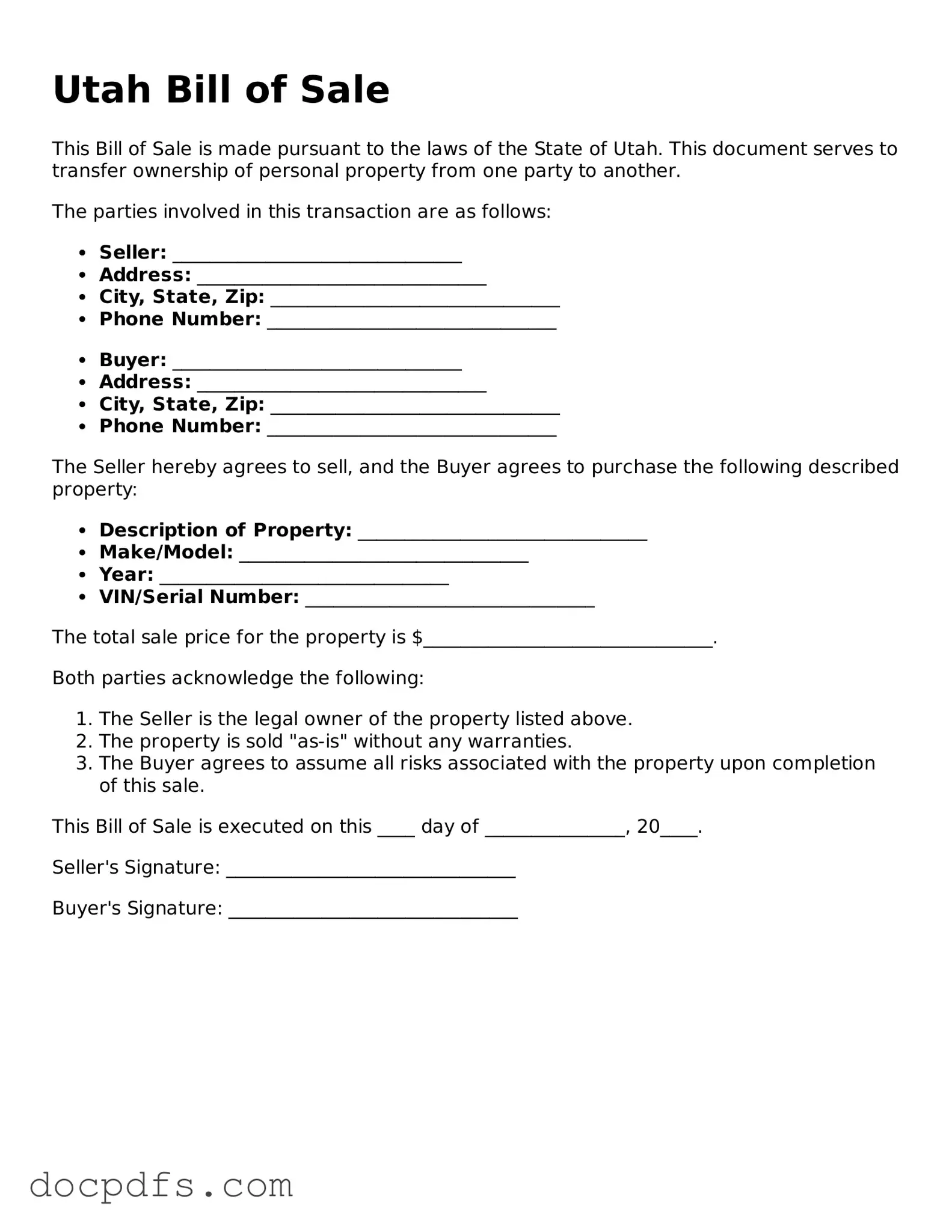 Free Utah Bill of Sale Form