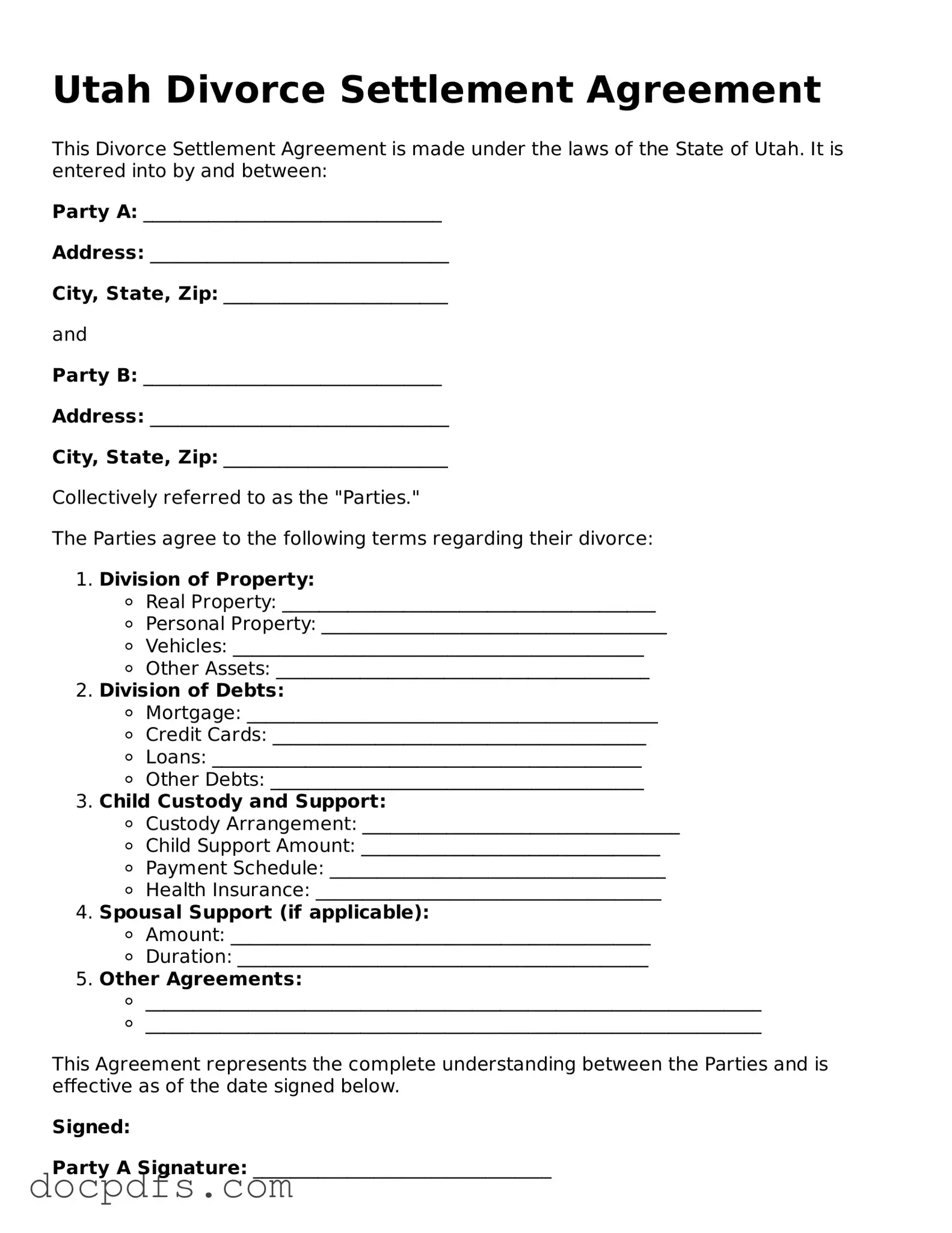 Free Utah Divorce Settlement Agreement Form