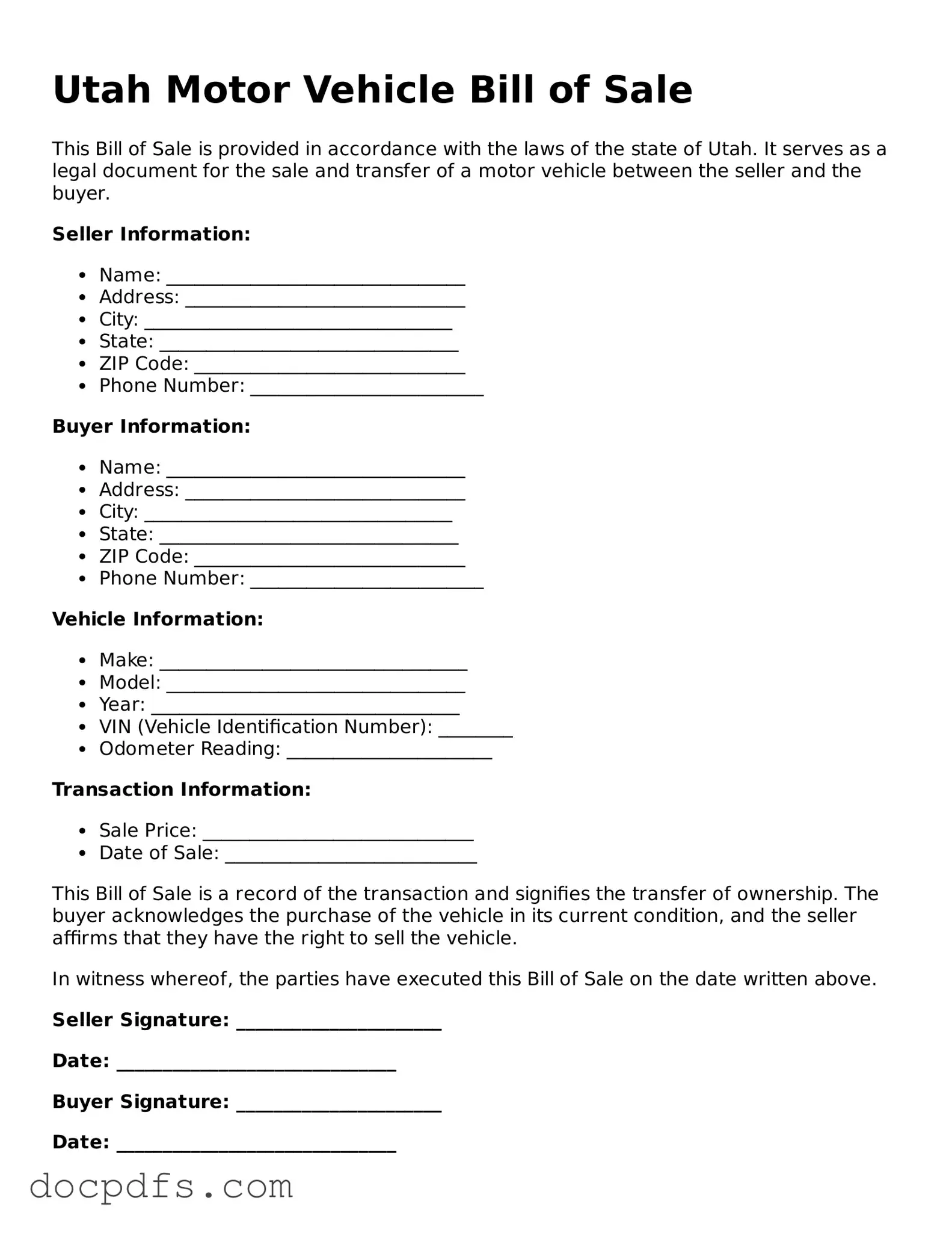Free Utah Motor Vehicle Bill of Sale Form