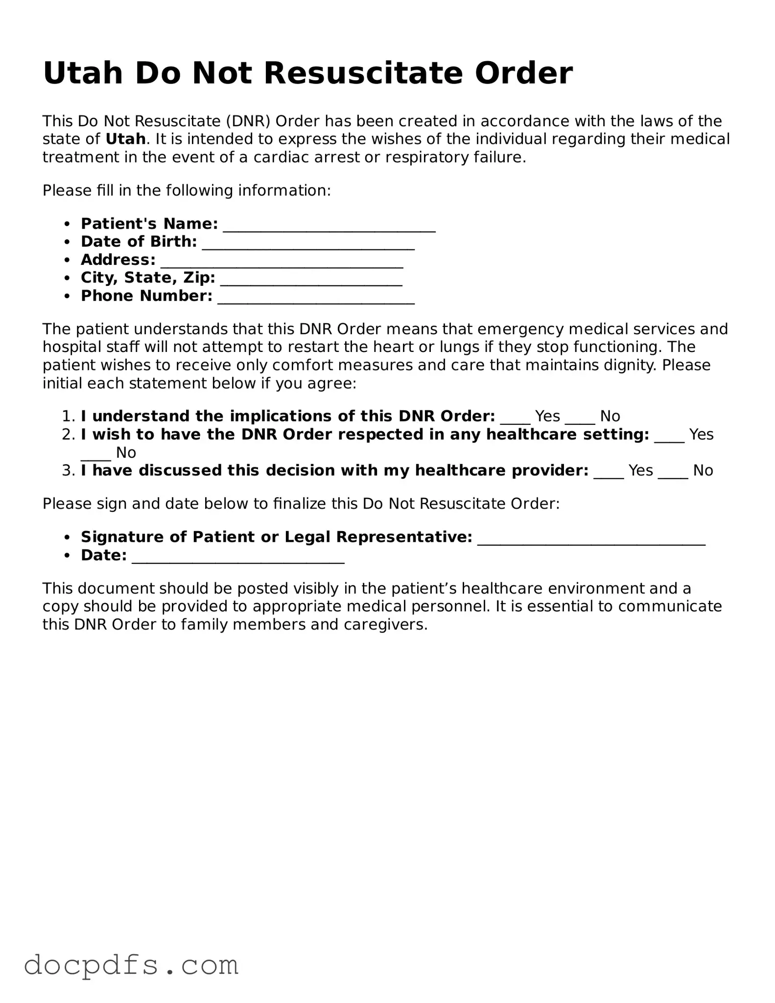 Free Utah Do Not Resuscitate Order Form
