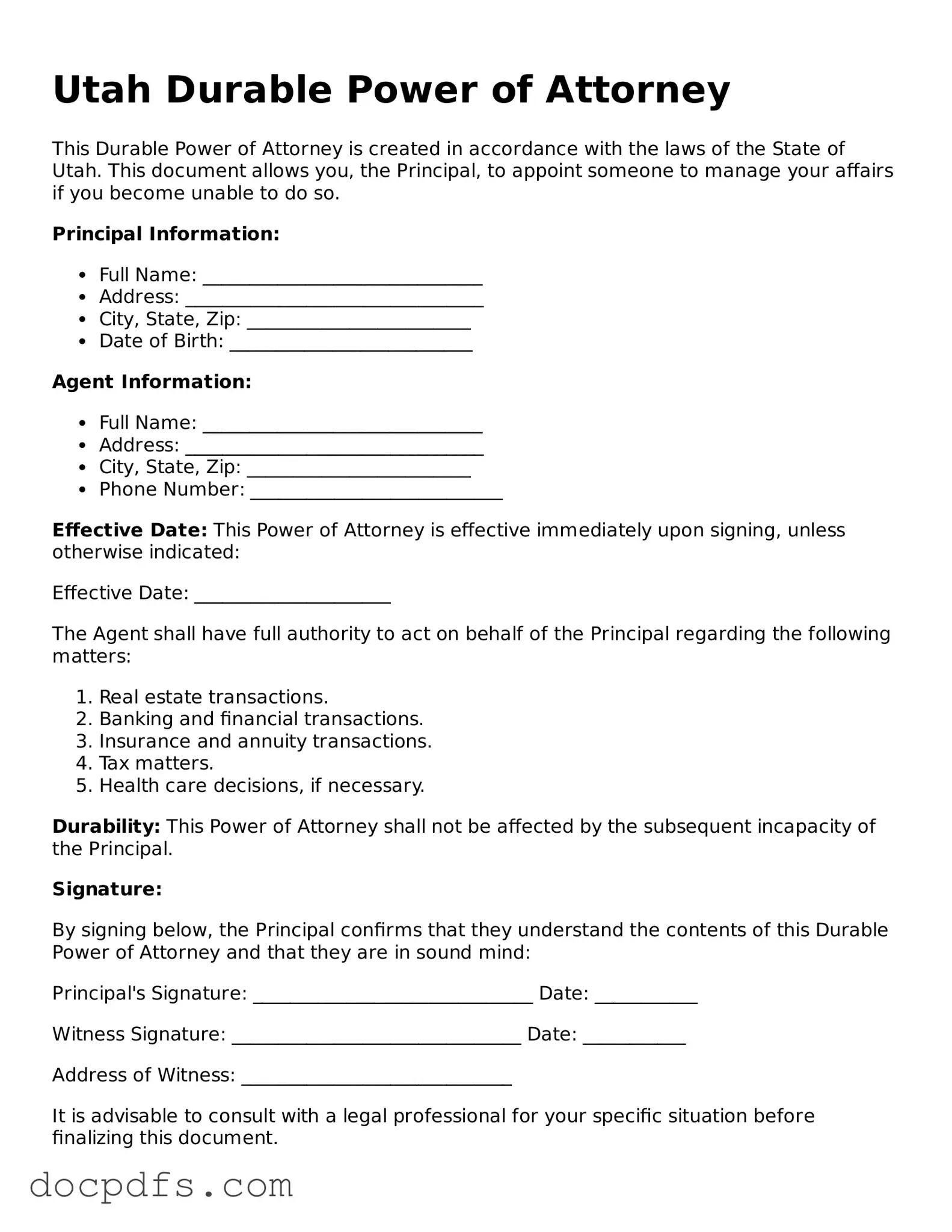 Free Utah Durable Power of Attorney Form
