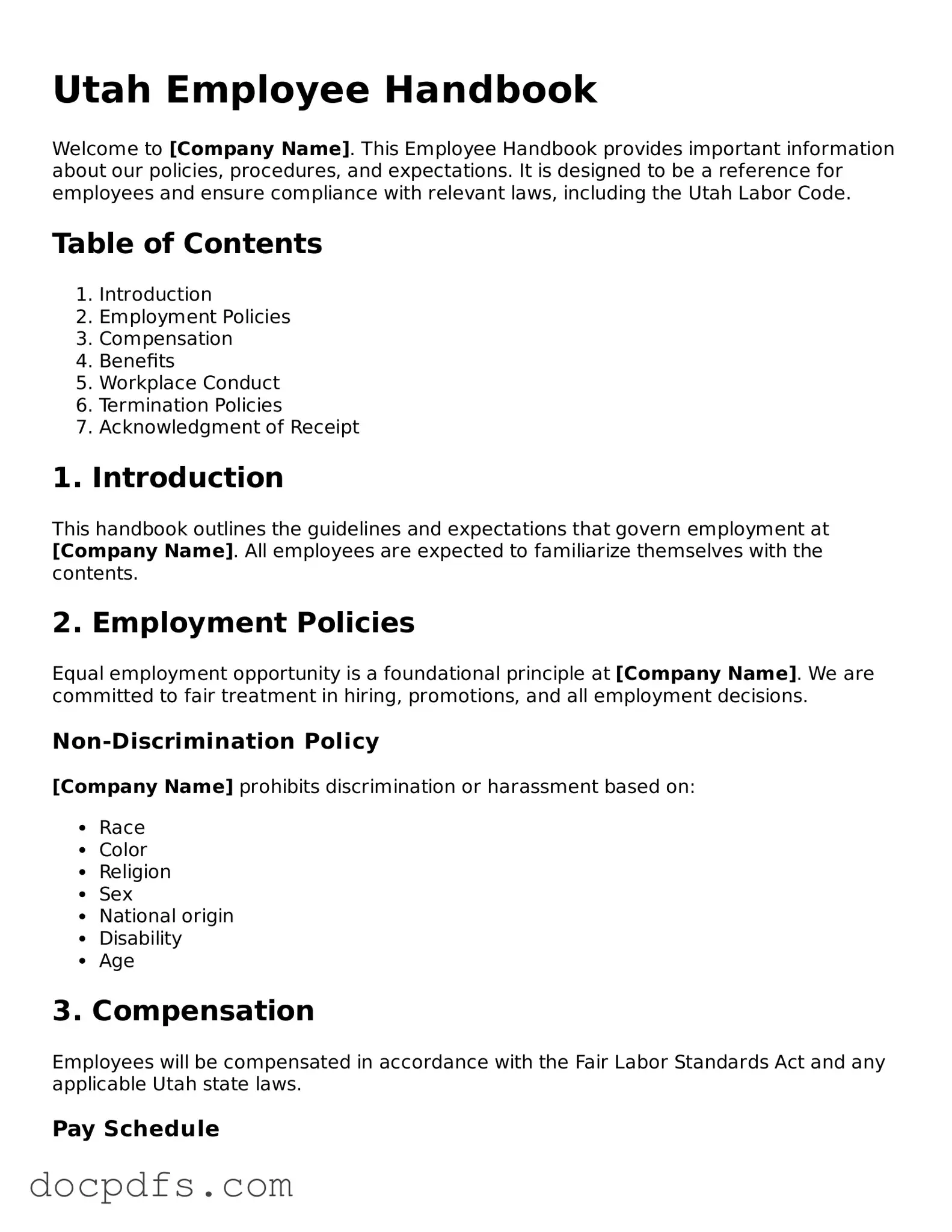 Free Utah Employee Handbook Form