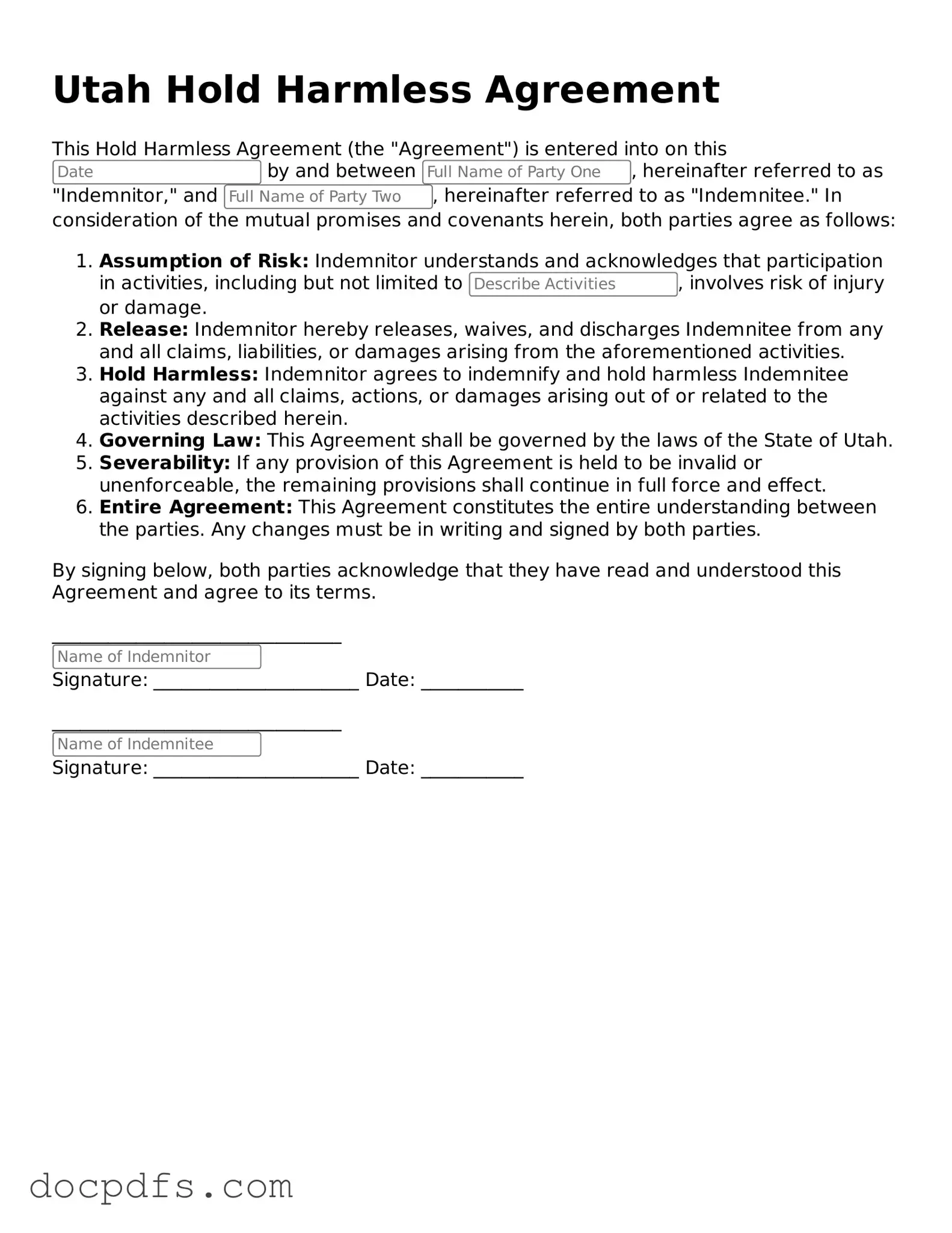 Free Utah Hold Harmless Agreement Form