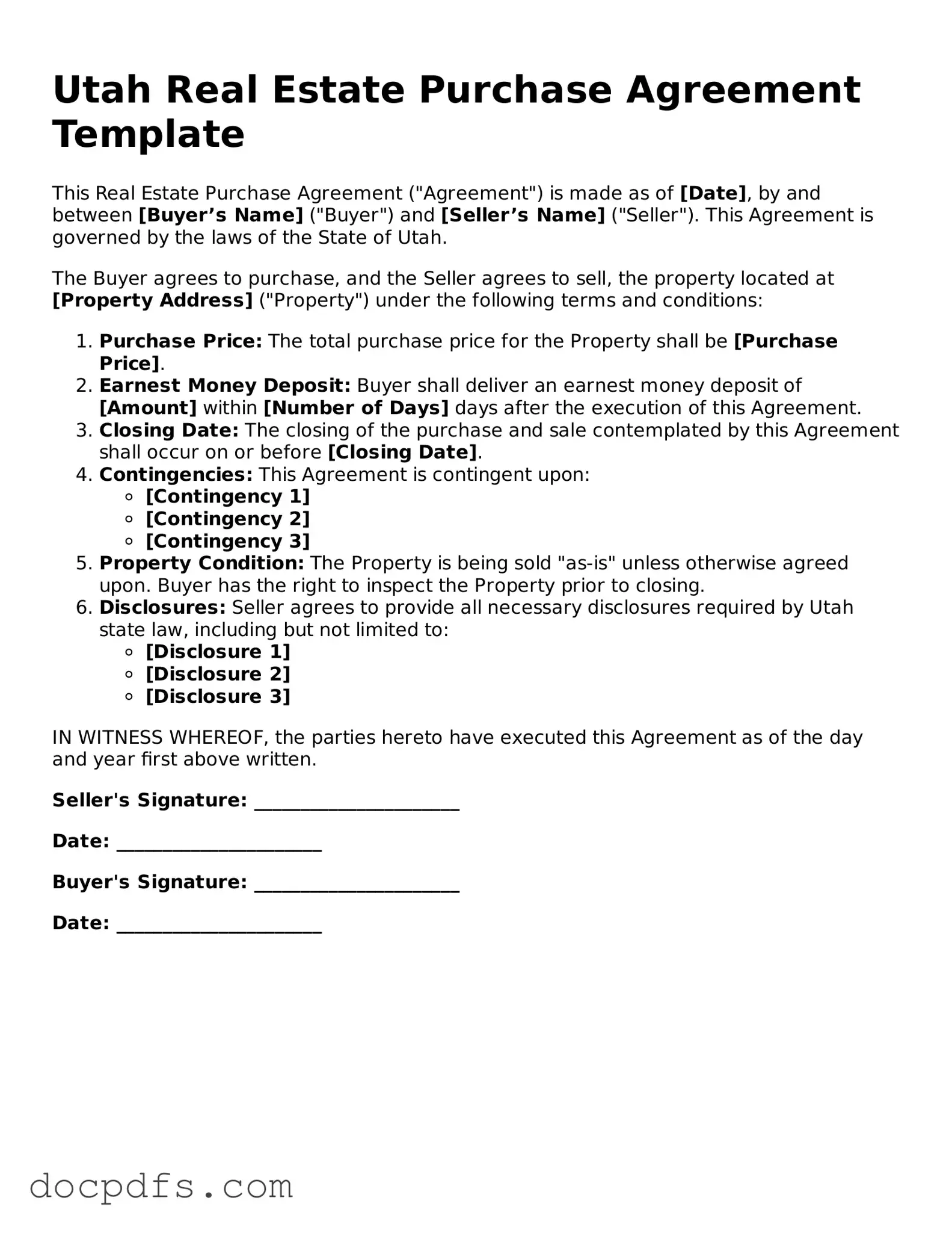 Free Utah Real Estate Purchase Agreement Form