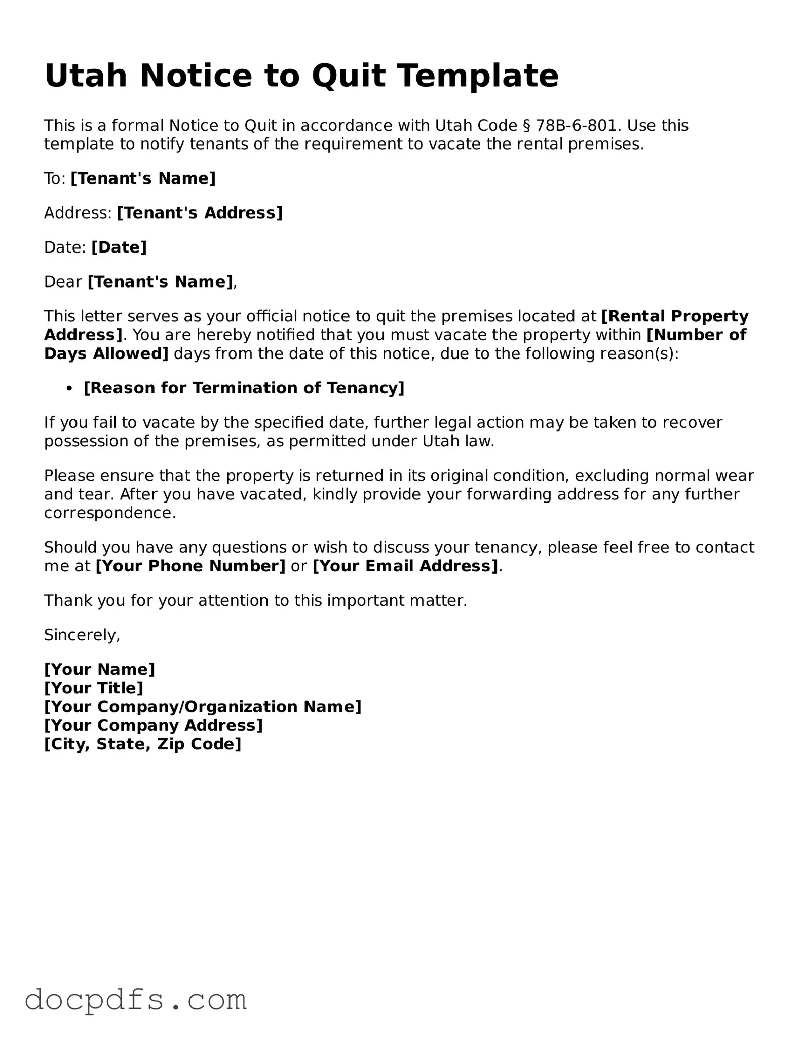 Free Utah Notice to Quit Form