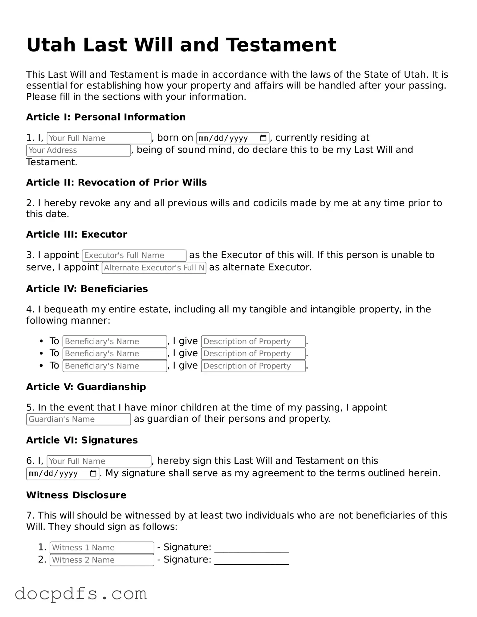 Free Utah Last Will and Testament Form