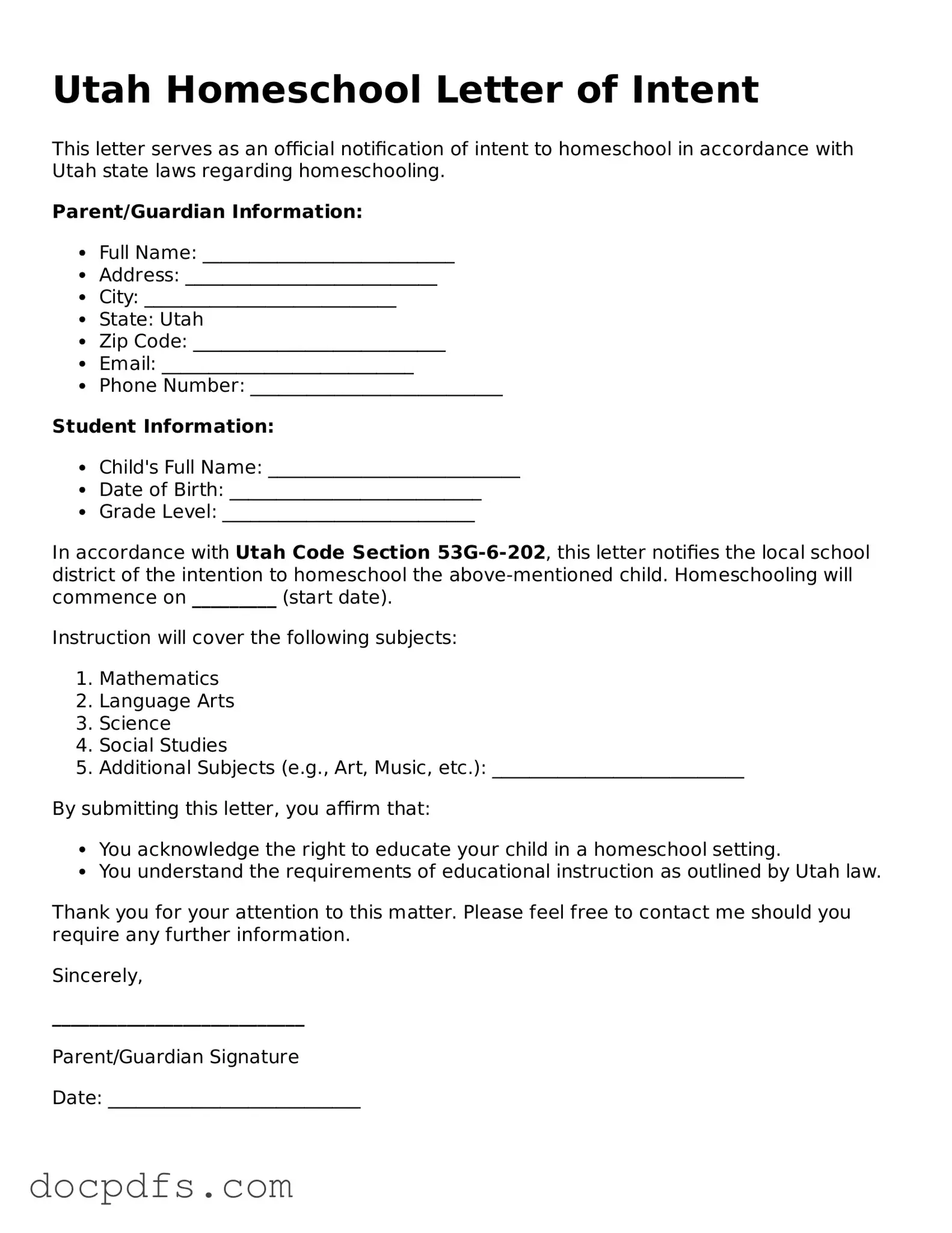 Free Utah Homeschool Letter of Intent Form