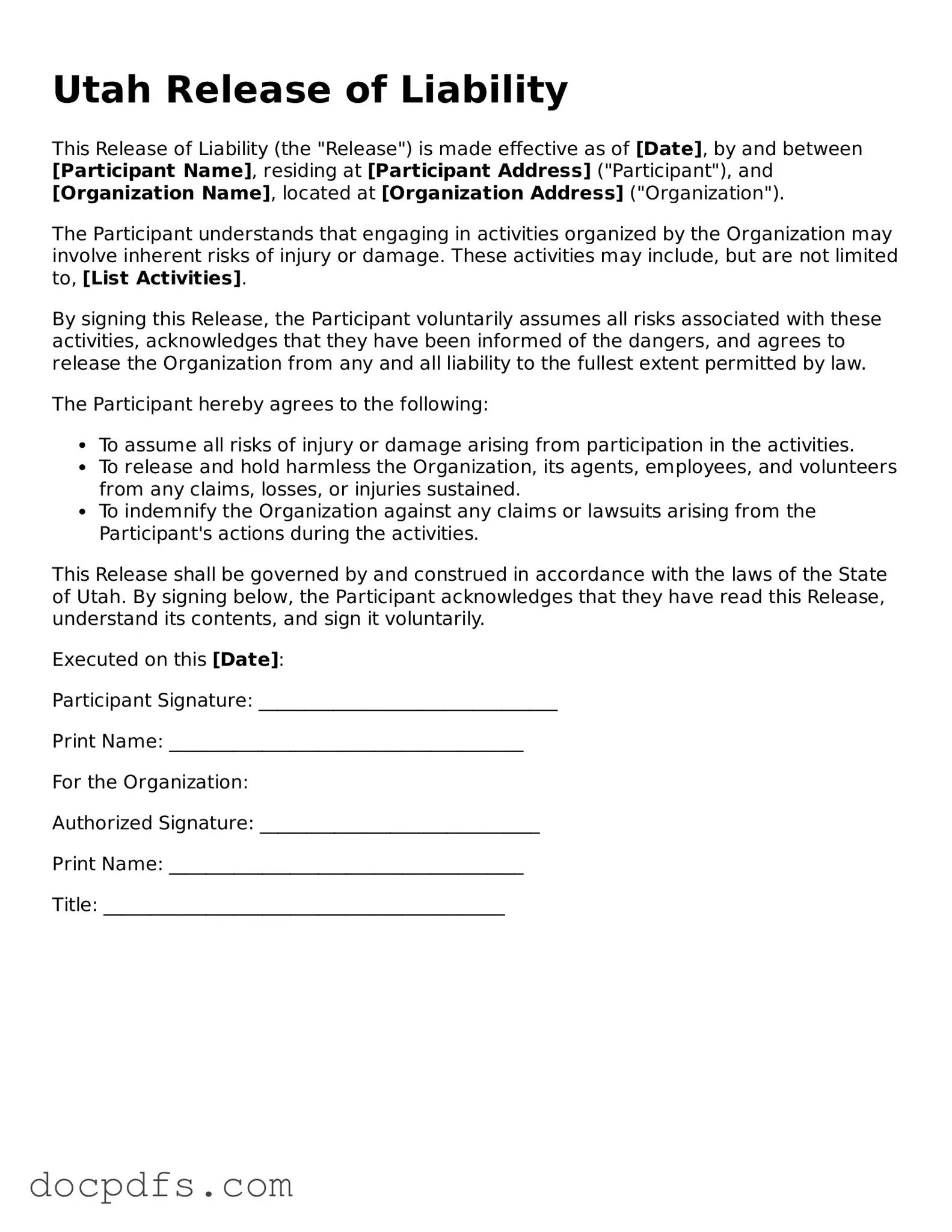 Free Utah Release of Liability Form