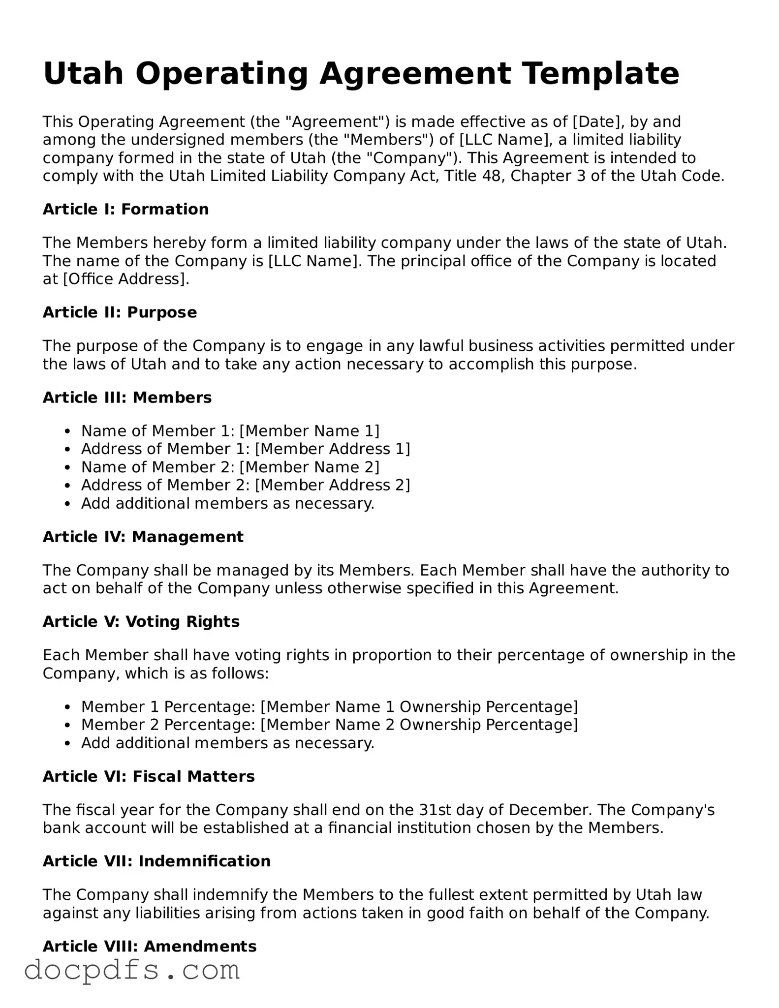 Free Utah Operating Agreement Form