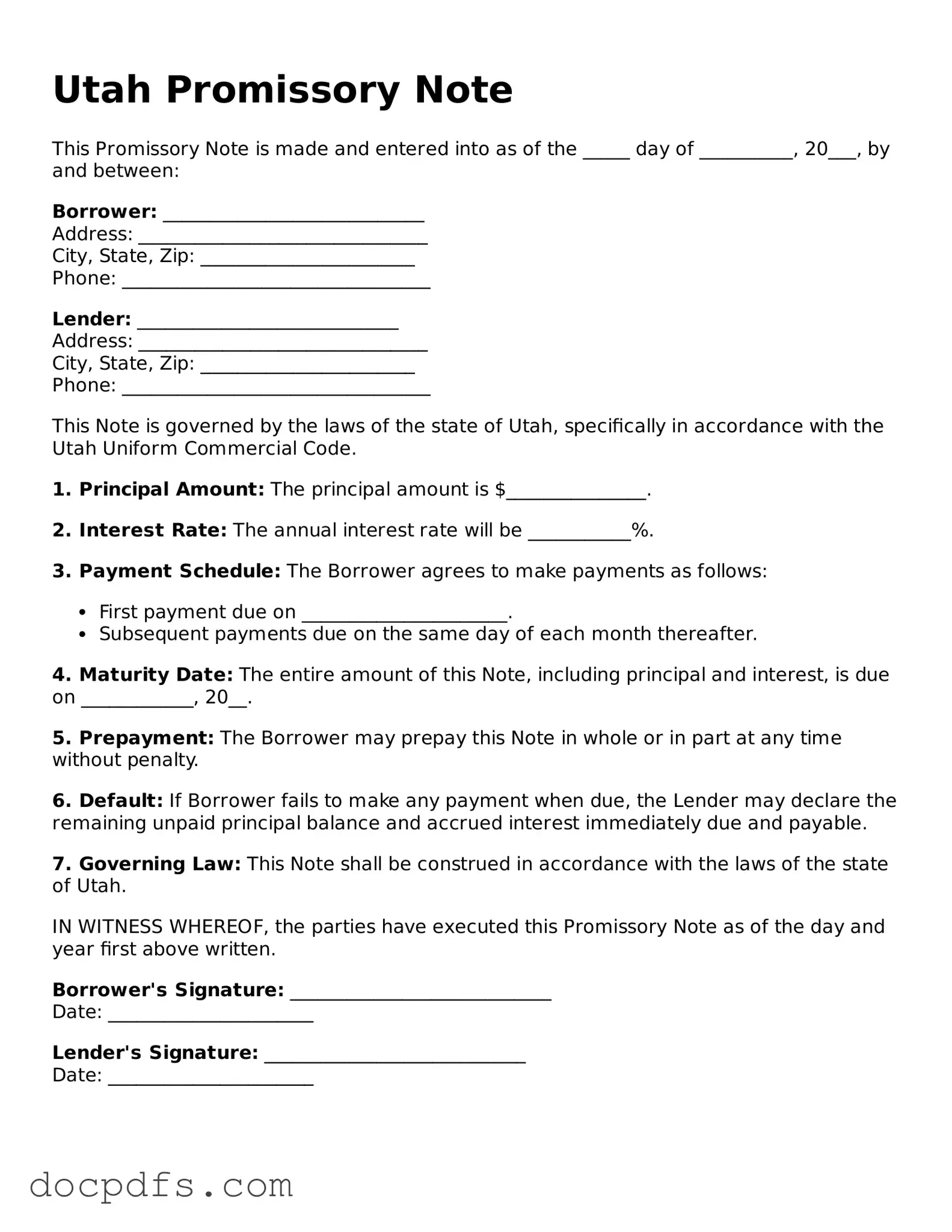 Free Utah Promissory Note Form