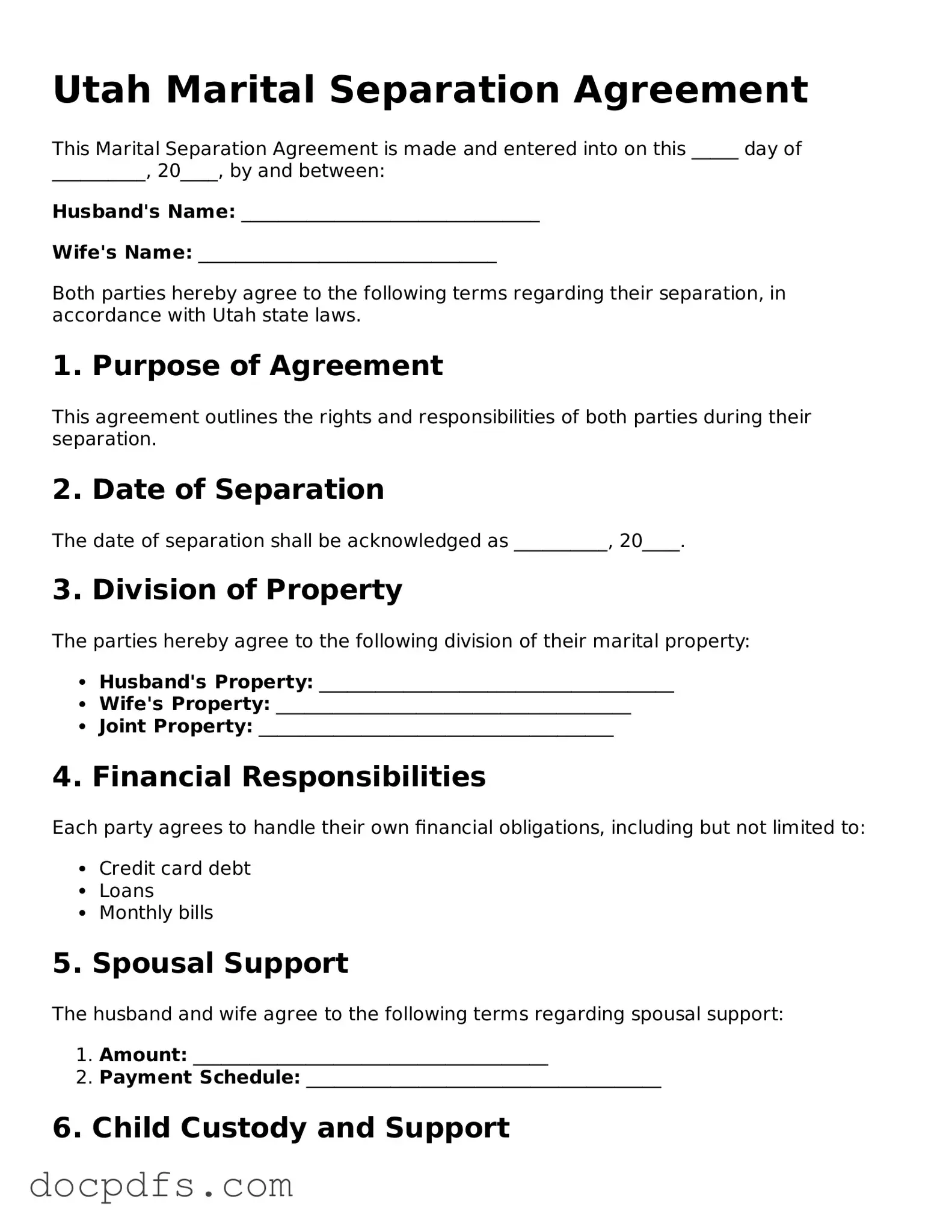 Free Utah Marital Separation Agreement Form